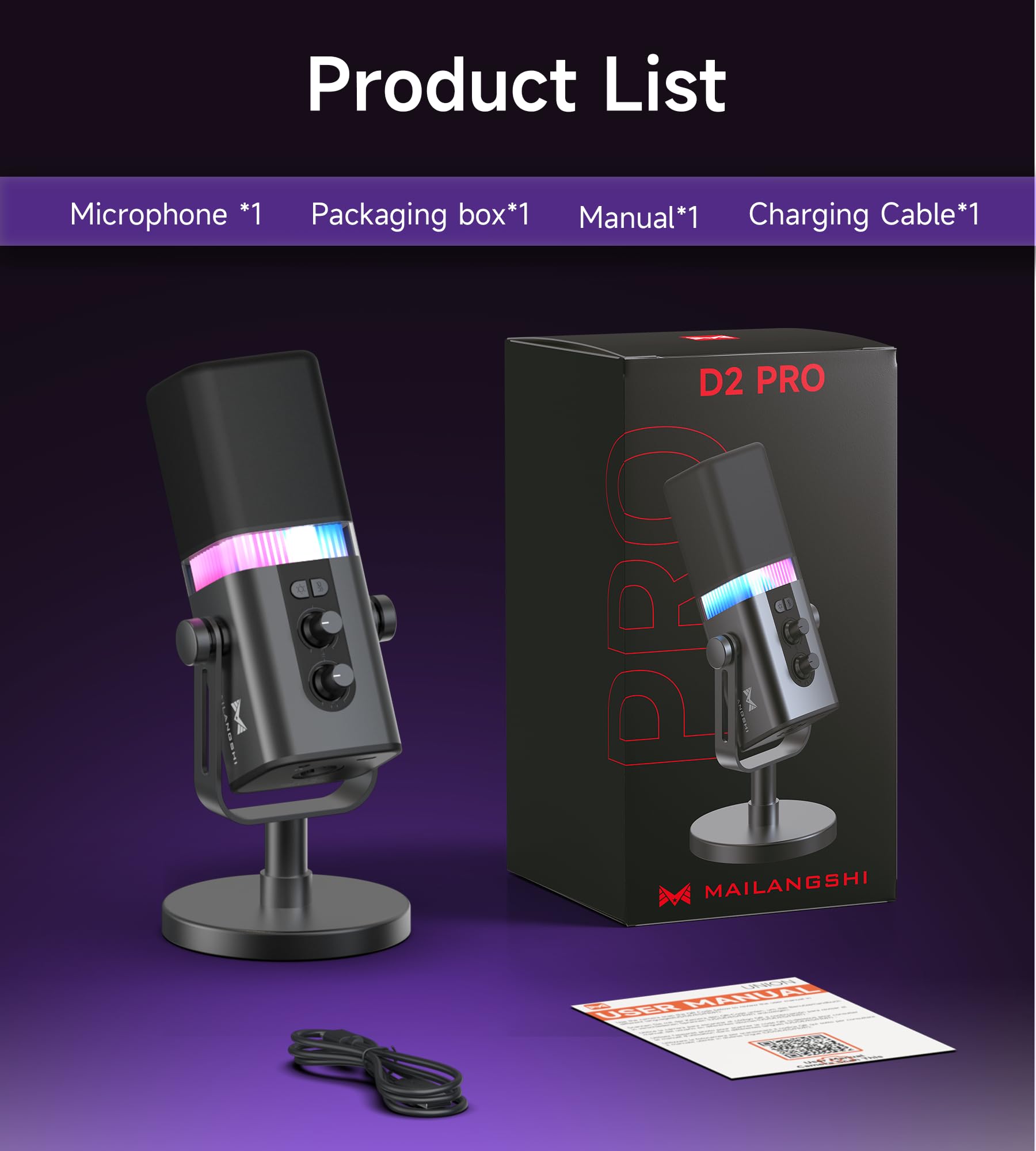 MAILANGSHI 192KHz/32bit Microfono Podcast Dinamico per PC, USB e XLR con RGB, Supporto, Muto, Metallo, Controllo Gain/Volume, Microfono Gaming per Live Streaming