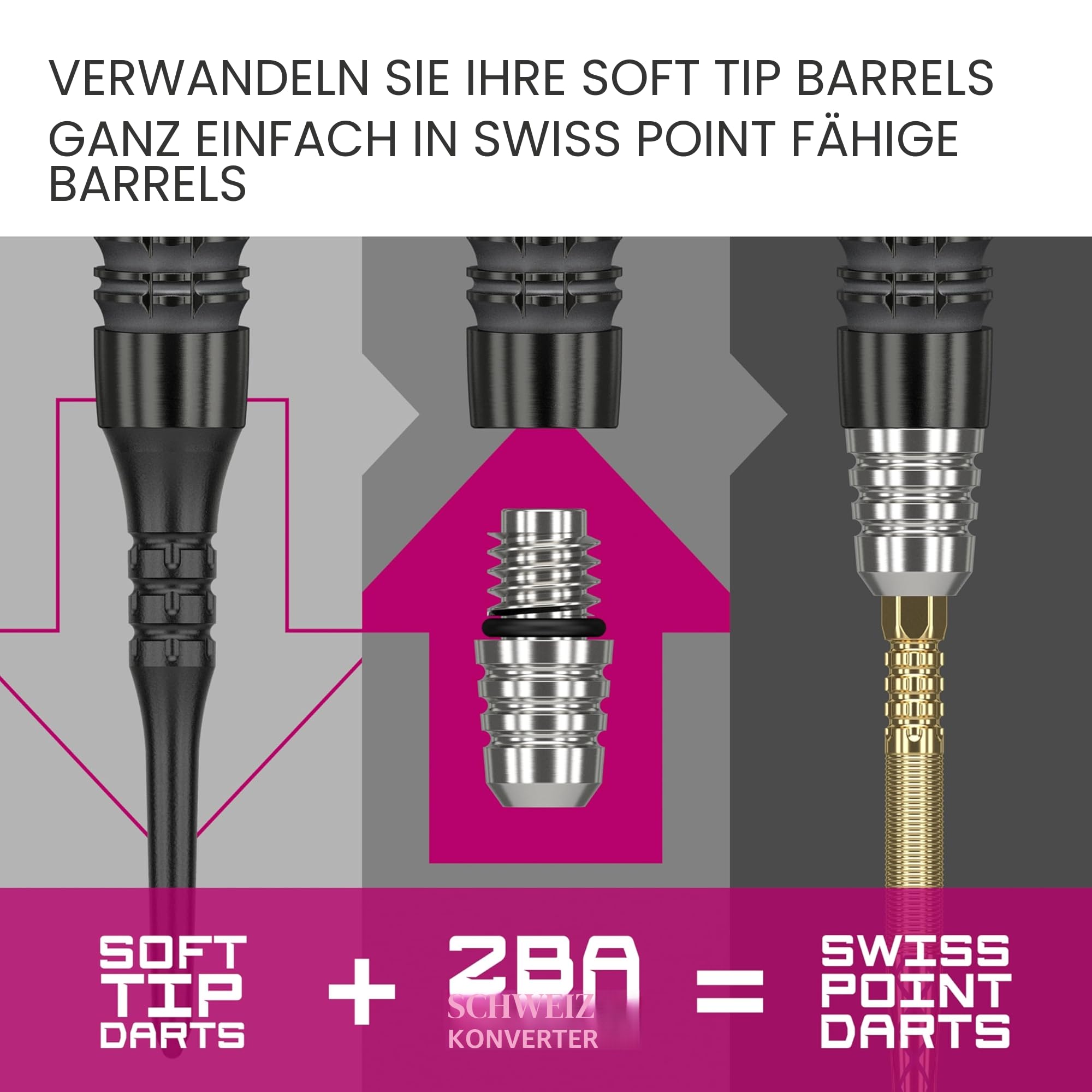 Target Darts Softdarts zu Swiss Point Steeldarts Conversion Set, Schwarz/Silber - Softdarts Conversion Tool, Umspitzen von Softdarts zu Steeldarts 2BA Gewinde - Tungsten Billet Spitzen, Swiss Point