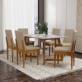 Conjunto Mesa Califórnia com Vidro 6 Cadeiras Dakota Cerejeira Tecido A40 100% Madeira Maciça Cerejeira/Palha