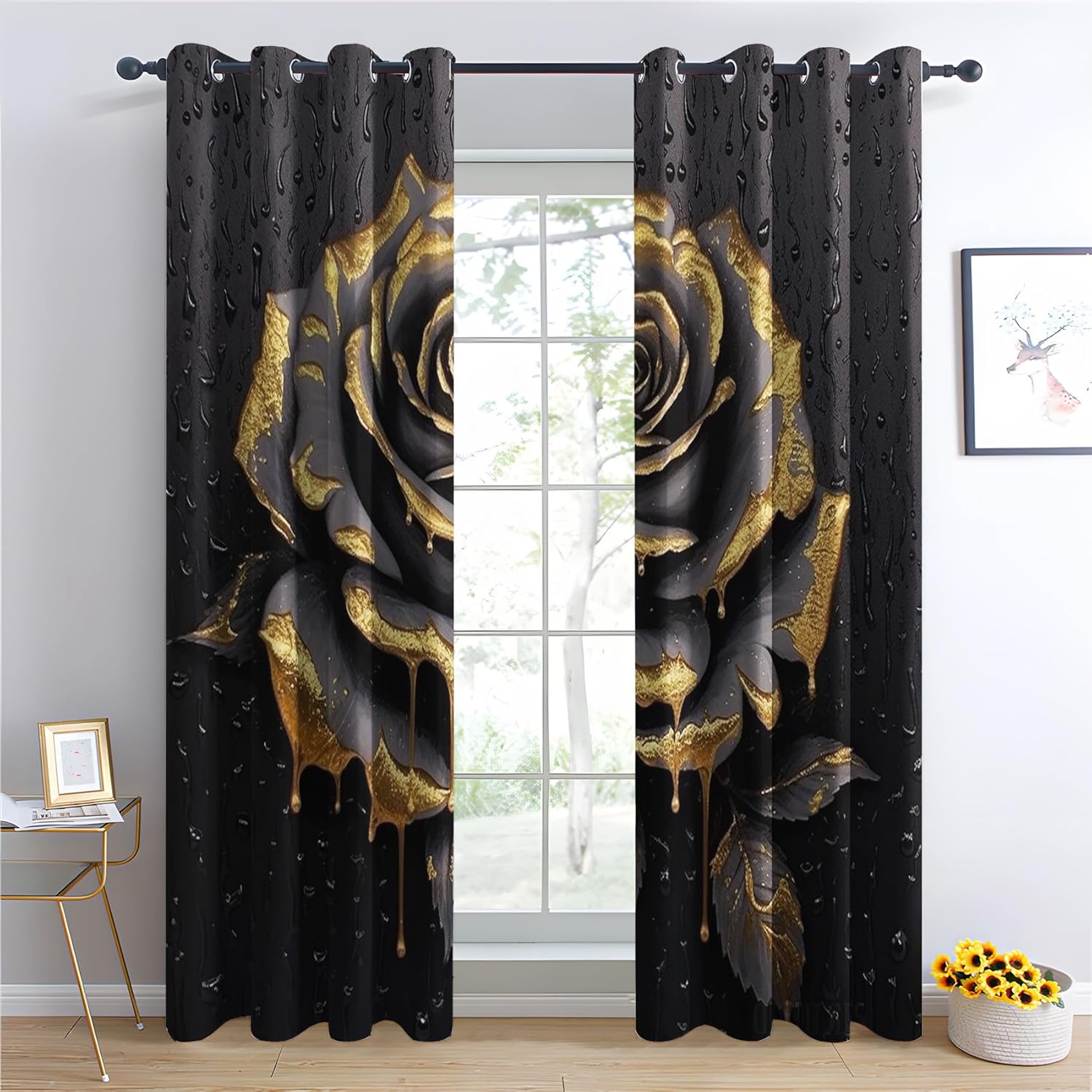 Curtains Gold Black Rose Blackout Curtains for Bedroom Living Room - Floral Curtains 63 Inch Length 2 Panels Set - Patterned Window Treatments - Grommet Drapes - Home Decor (D&-3889)