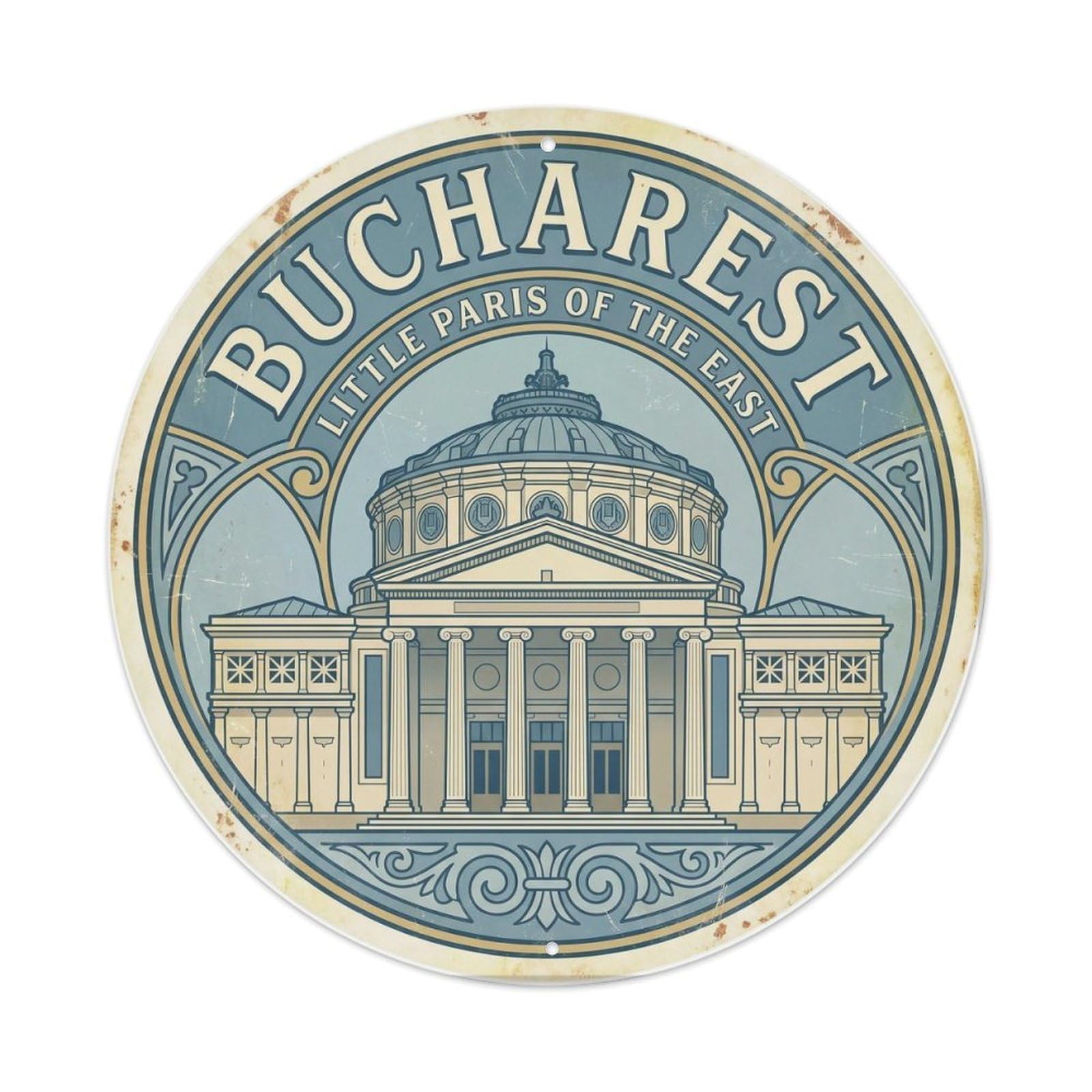 Vintage Travel Romanian Athenaeum Journey Metal Tin Sign