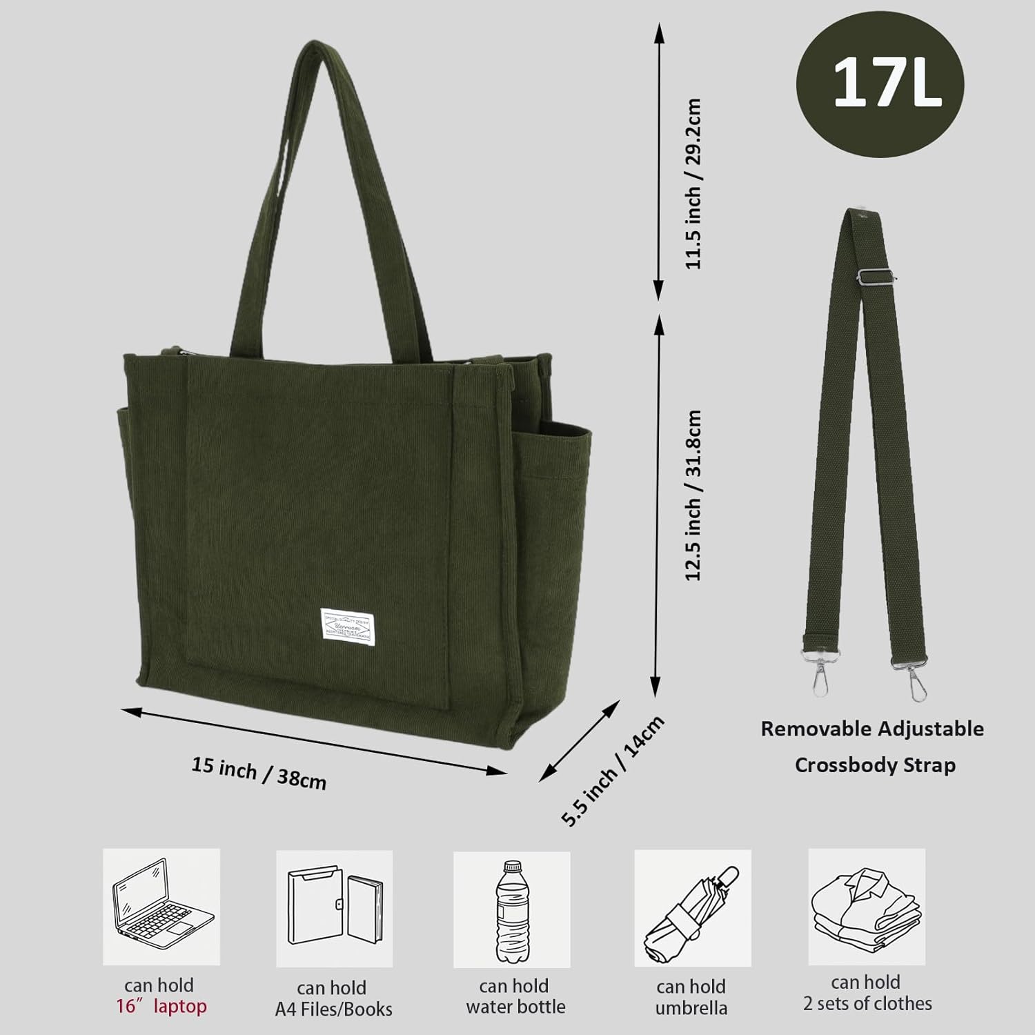 UERRUAM Tote Bag for Women with Compartments,Large Corduroy Tote for Work Travel College Book Bag Hard Bottom Crossbody Bag - Image 4