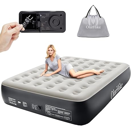 Queen Air Mattress with Built-in Pump by OlarHike, Inflatable Blow-Up Airbed with...