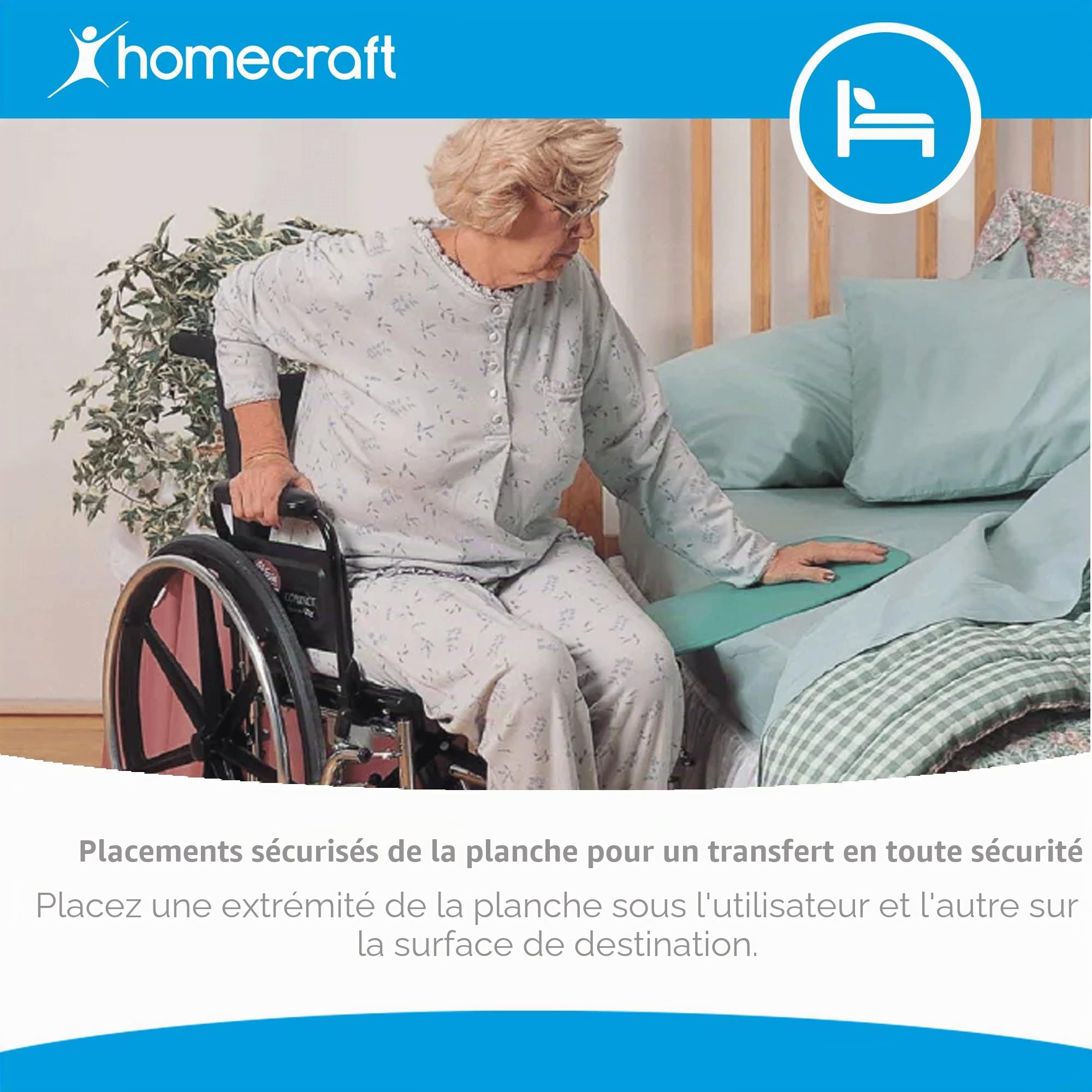 Days, planche de transfert incurvée, robuste, en plastique renforcé et imperméable, bords arrondis, extrémités antiglisse, pour personnes à mobilité réduite et utilisateurs de fauteuil roulant.