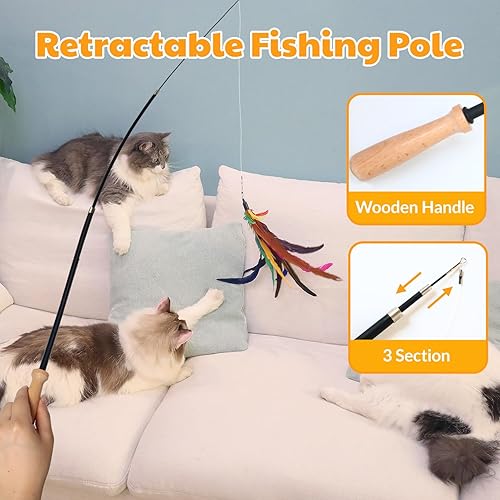 Miniatura 4 de Juego de juguetes interactivos 4 en 1 para gatos con 12 piezas de repuesto para gatos de interior (incluye 1 pluma enorme), juguete de caña de