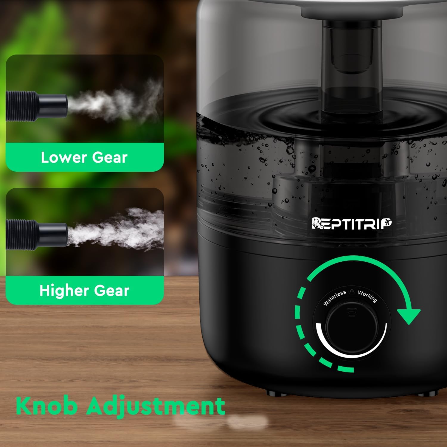 REPTITRIP Reptile Fogger showing mist output adjustment