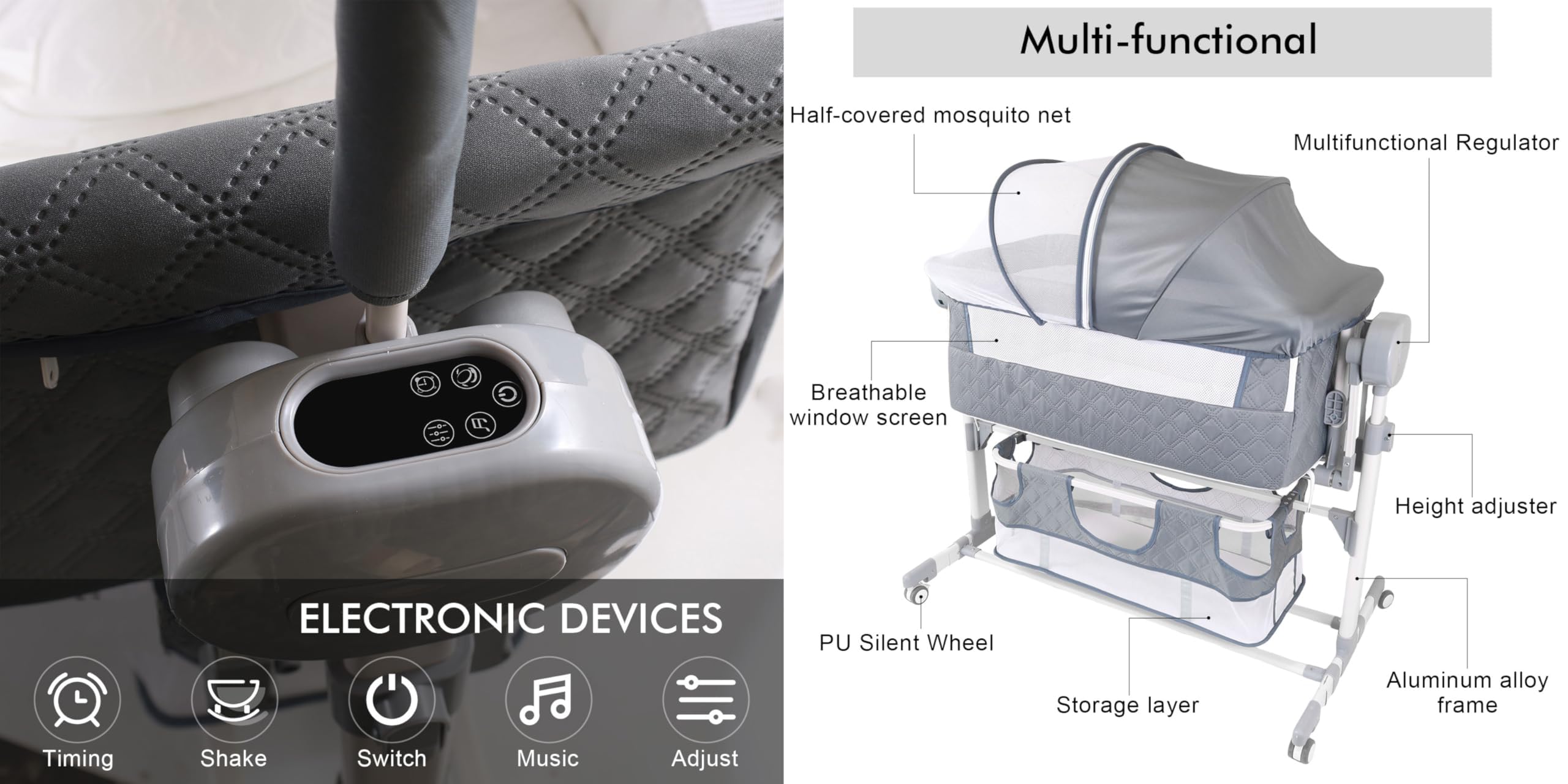 MoLi Eléctrico Bluetooth Inteligente Cuna Colecho Bebe, Cuna Next to me Convertible, 5 Engranajes de Balanceo y Control Remoto, Plegable Colecho Bebe con Colchon, Música (608 Khaki)