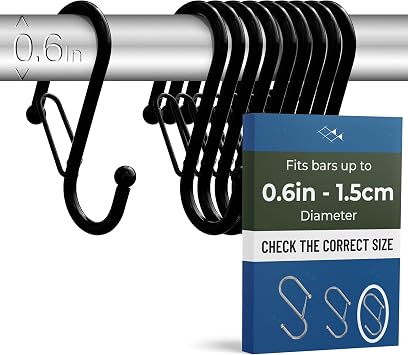 10 Pack S Hooks for Hanging for Bars up to 0.6 Inch 1.5 cm Diameter - Anti-Drop Hooks with Safety Buckle   Heavy-Duty for Kitchen & Bathroom   Black Small