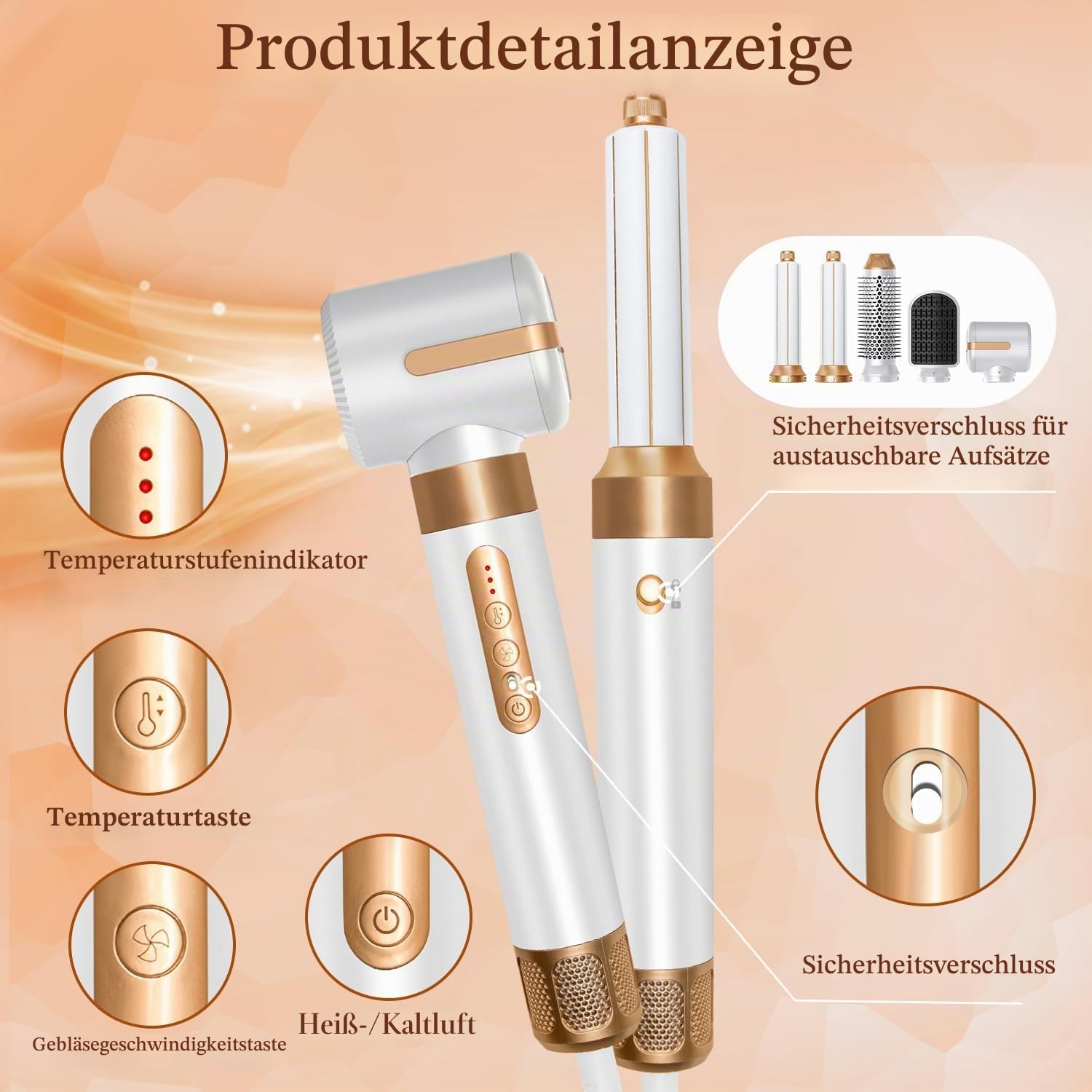 Air Styler 7 IN 1 Haartrockner mit Haarföhn Haarstyler, Warmluft Bürste, Wrap Air Lockenstab, Runder Kamm, Diffusor, Konzentrator Zubehörteilen, Tragbarer Reisefön für Zuhause, Reise (Weiß S)