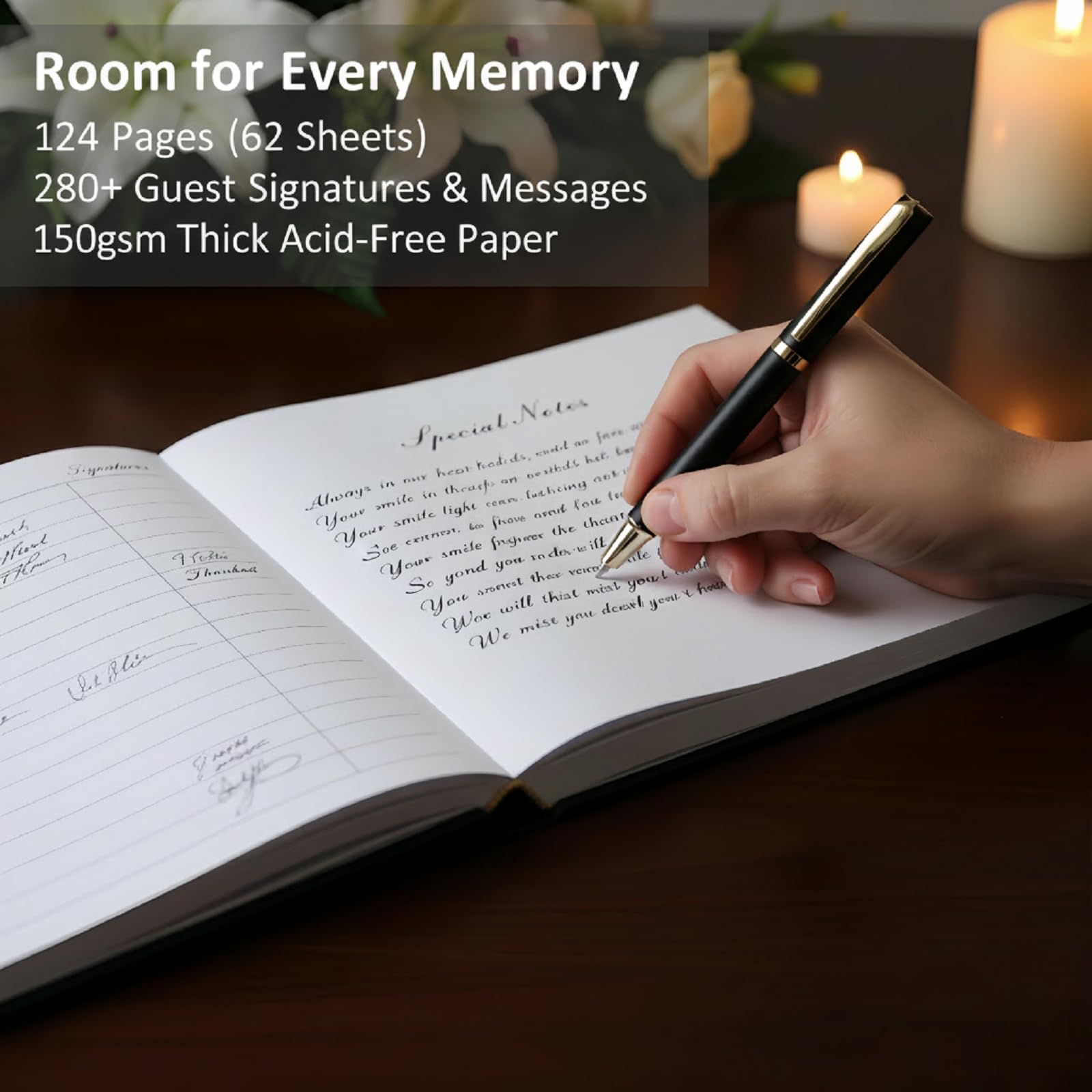 Beerdigungsgästebuch für Gedenkdienst, in Loving Memory Gästebuch mit Stift & 50 Gedenkkarten, 124 Seiten, Hardcover Beerdigungsgästebuch mit Fotoeinlage, Beerdigungsschild im Buch für Gäste