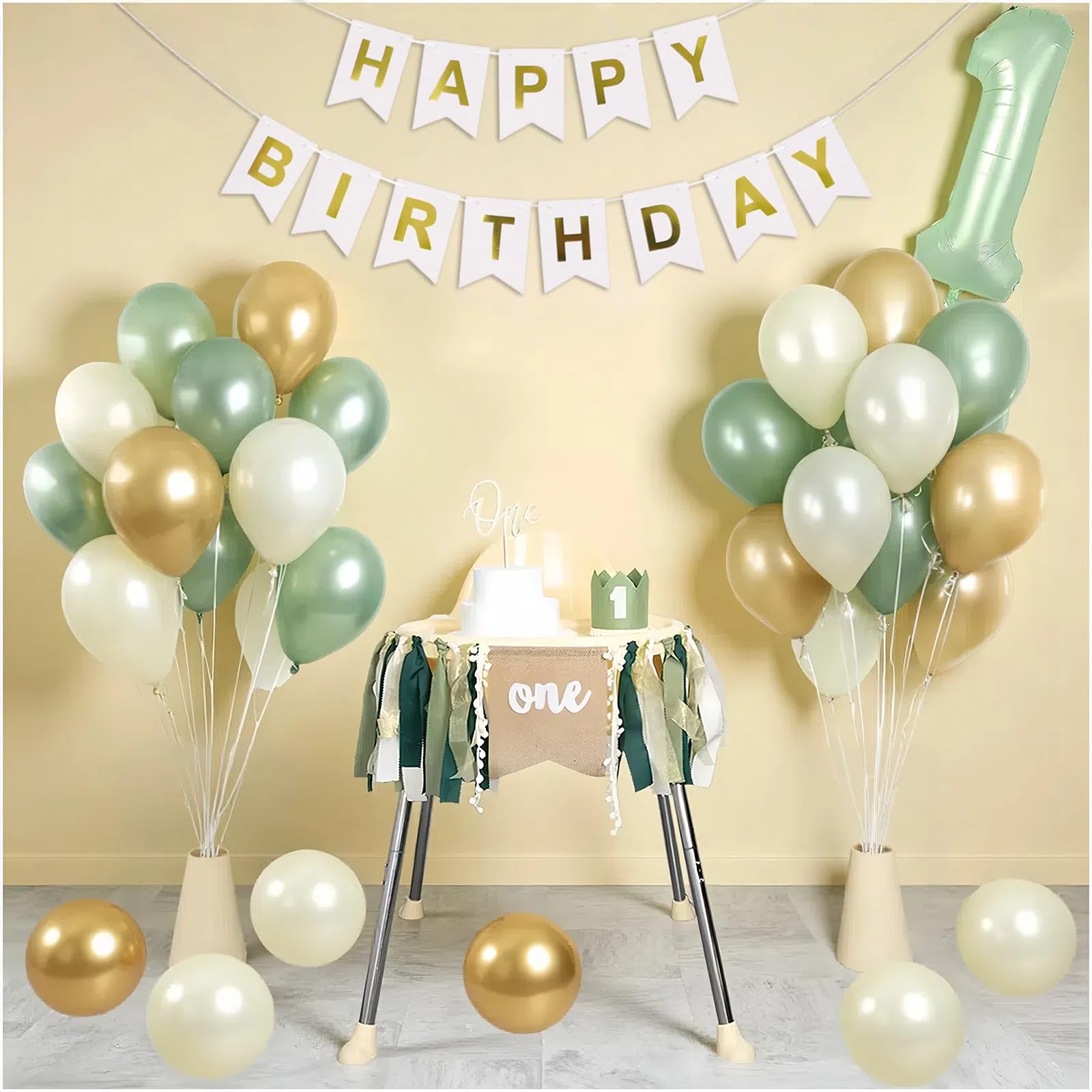 1st Birthday Decorations for Boy or Girl - Complete Party Set with High Chair Banner, Number 1 Balloon, ONE Cake Topper, Crown, Balloons & Banner(Sage Green)