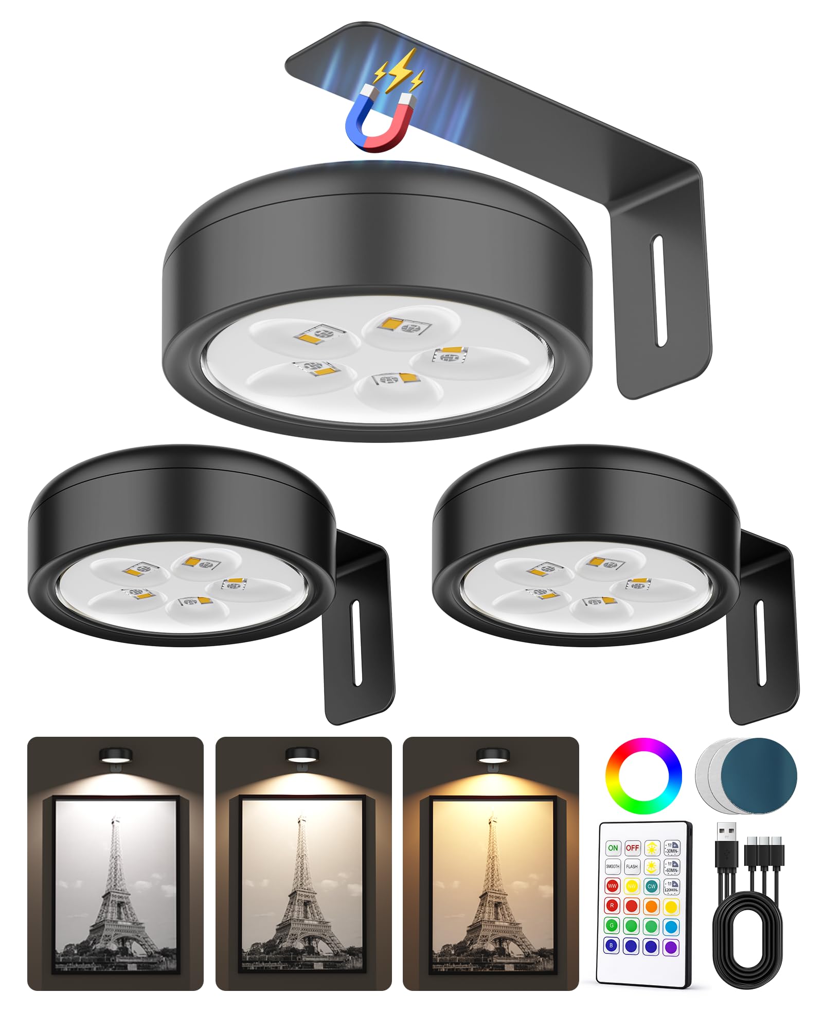 Photo 1 of 3 Pack Picture Lights for Wall,Wireless 2000mAh Rechargeable Magnetic LED Puck Lights with Remote,3 Color Temps and 12 RGB,Dimming & Timer,Art Frame Light for Painting Display,Photos,Wall Decor