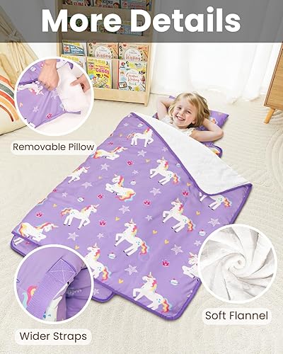 Miniatura 6 de Primlect - Tapete para siesta para bebé con almohada extraíble y manta de franela, bolsa de dormir portátil para niños, fácil de enrollar, lavable,