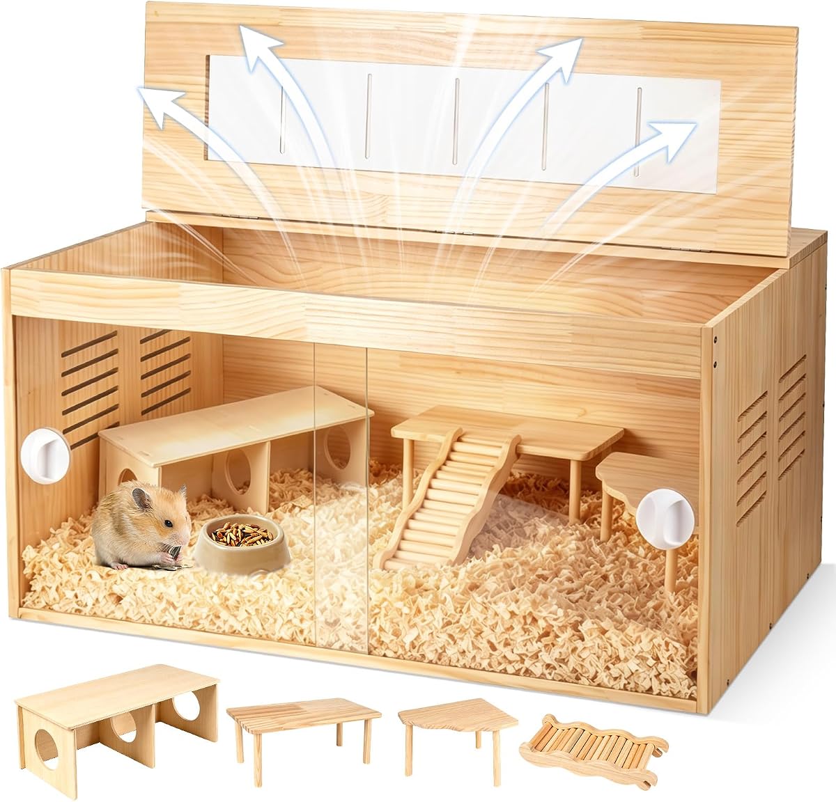 Hamster Cage 32 Inch Large Chewproof Wooden Habitat, Openable Top, Double Openable Acrylic Sheet Doors, Easy Assembly, Hamster Enclosure for Gerbil & Syrian Hamster, Dwarf Hamster (with Accessories)
