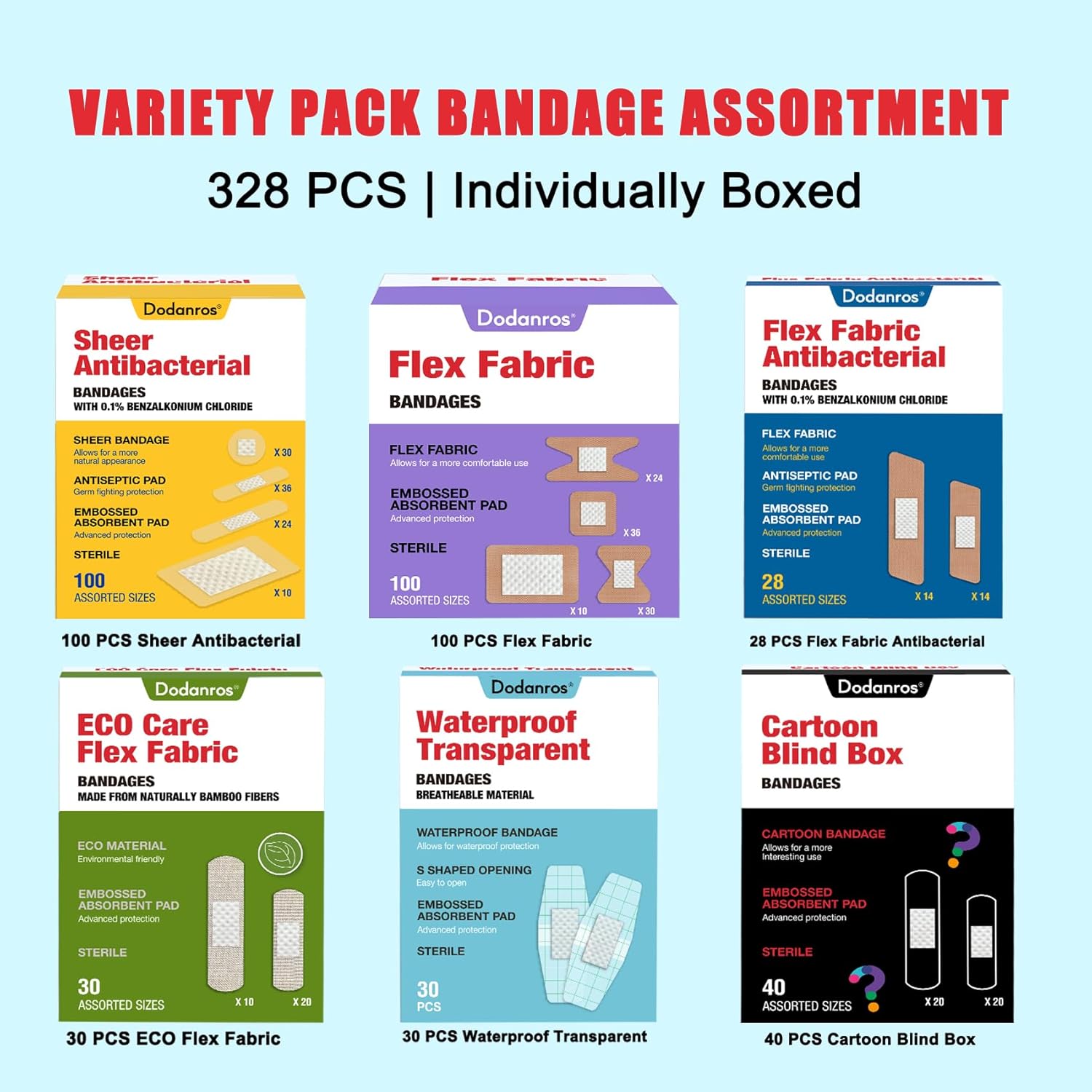 Variety Bandages Pack,328ct Assorted Bulk Various Sizes, Shapes &Features | Sheer & Flex Fabric with Benzalkonium, ECO Bamboo Fabric, Waterproof, Cartoon Blind Box Fragrance Bandages