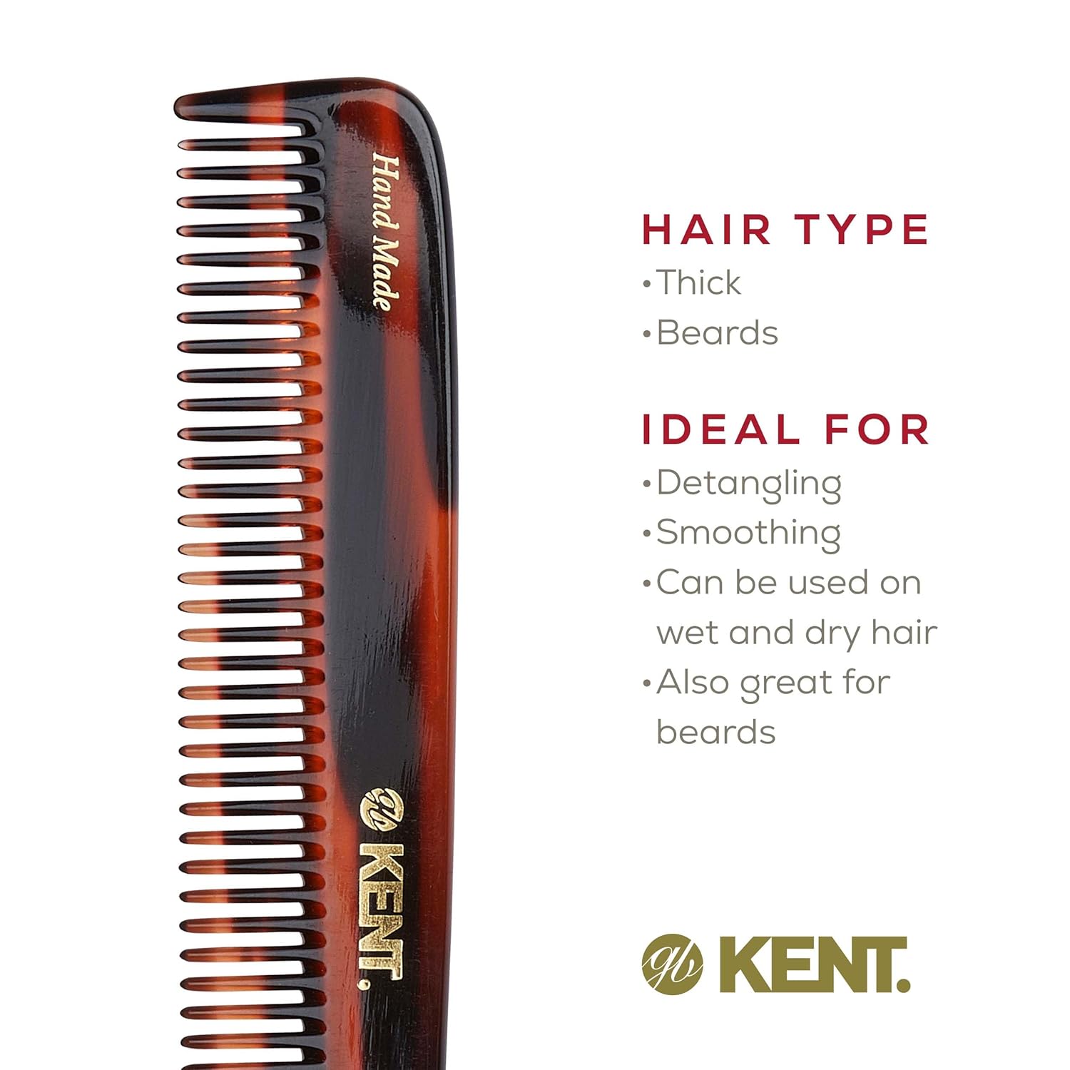 Kent R9T All Coarse Hair Detangling Comb Wide Teeth Dressing Table for Thick Curly Wavy Hair. Detangler Comb for Grooming and Styling, for Beard and Mustache, Handmade Saw-Cut and Polished
