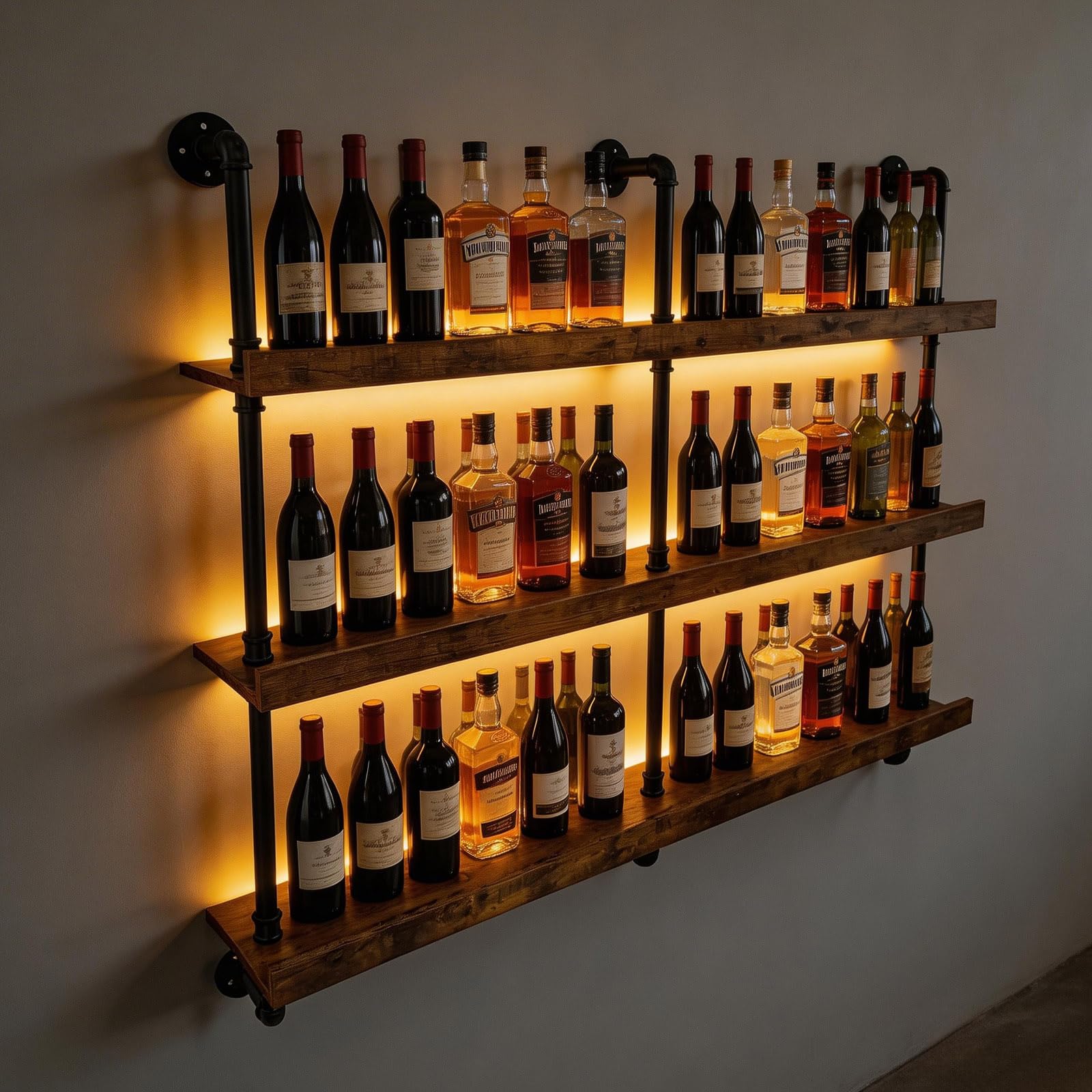 55" Wine Rack Wall Mounted with LED Lights, Industrial Pipe 3-Tier Floating Wine Shelf, Metal & Wood Wine Bottle and Glass Holder for Home Bar,