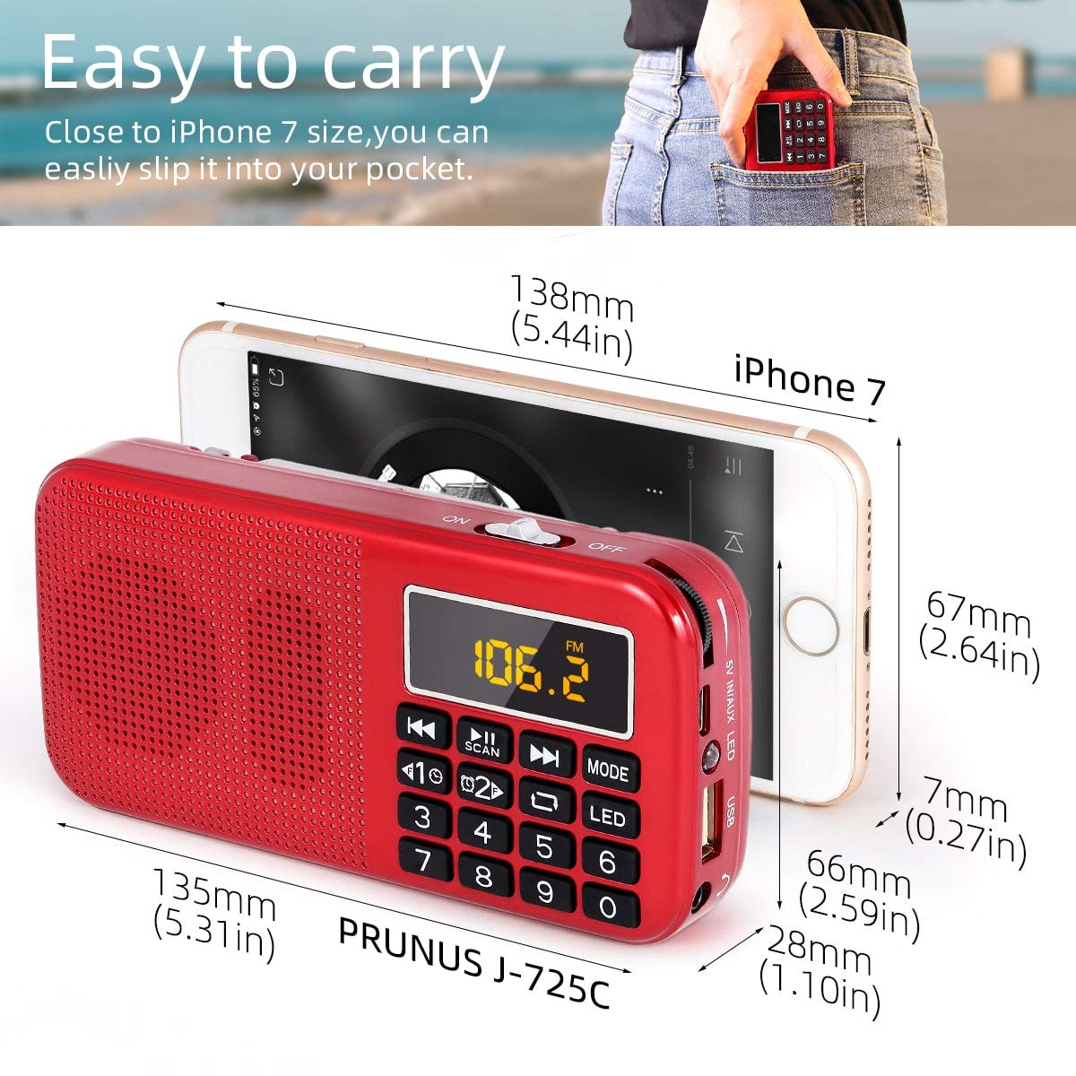 PRUNUS J-725 FM UKW Radio Klein, Digital Radios Wecker, Radio Batteriebetrieben mit 3000mAh Wiederaufladbare Batterie, USB/SD/TF/AUX-Player, Kofferradio mit Notlicht.(Rot)