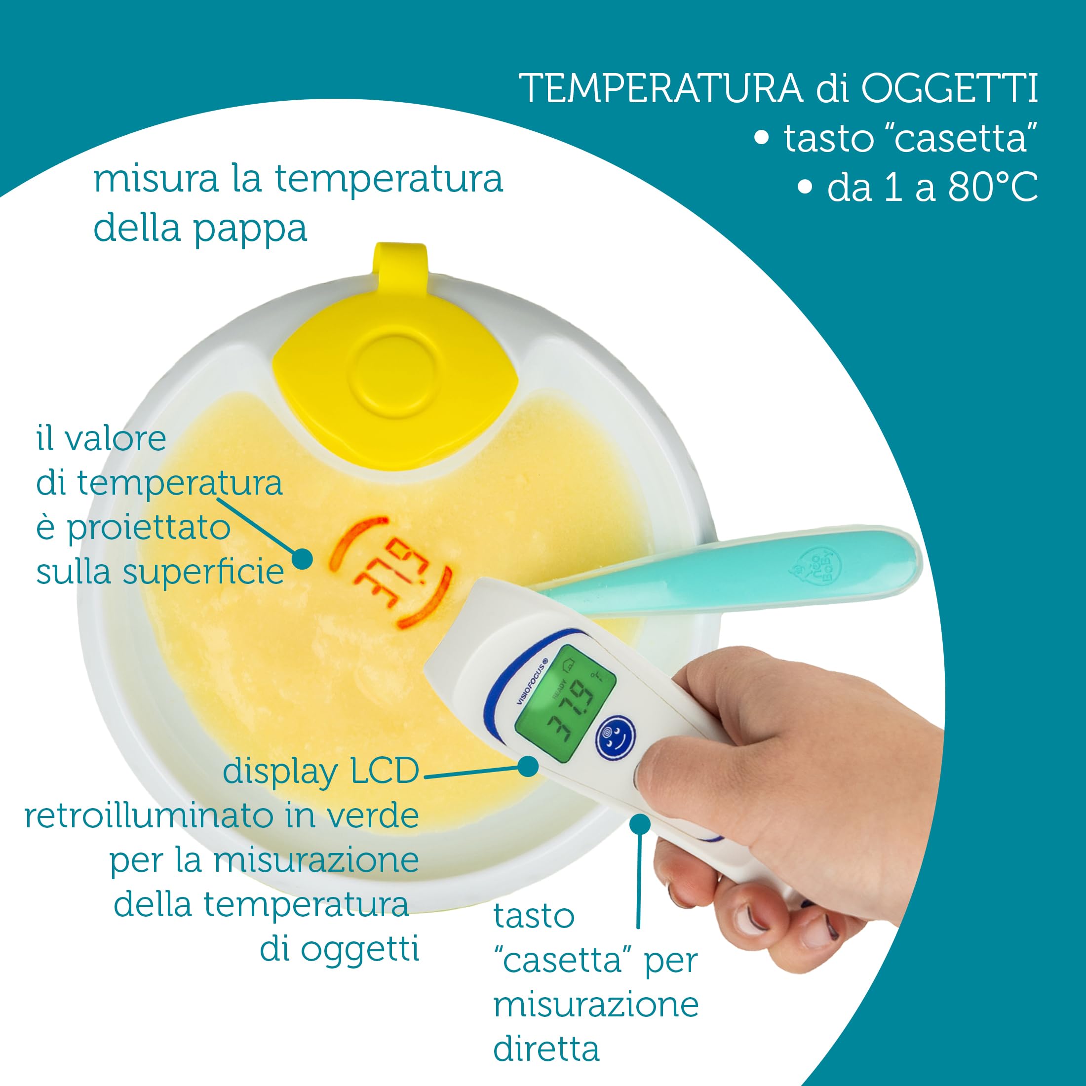 TECNIMED - VisioFocus 06400 – medyczny termometr na podczerwień do pomiaru temperatury – projekcja temperatury – dla dzieci i dorosłych – baterie nie wchodzą w zakres dostawy – Made