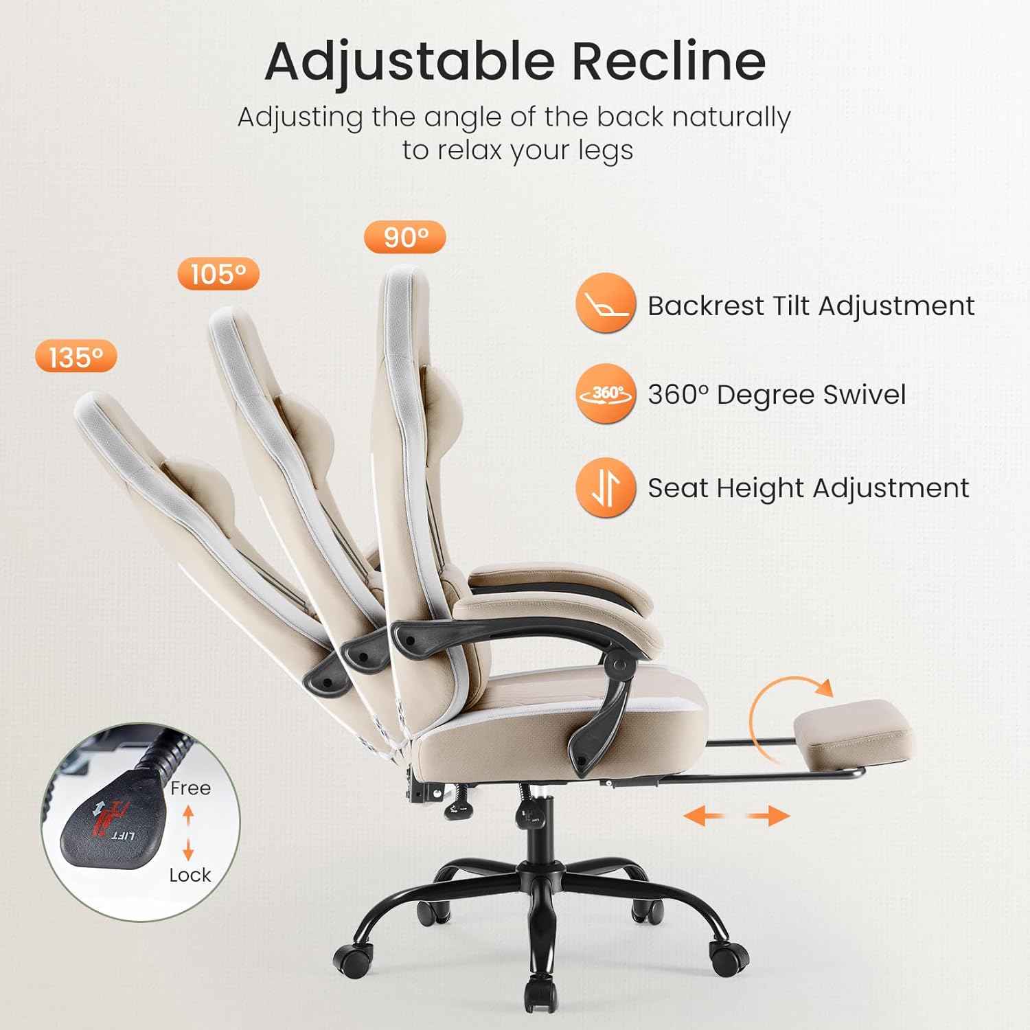 Sweetcrispy Computer Gaming Chair - High Back Ergonomic Desk Chair with Footrest and Lumbar Support, Height Adjustable Task Chair with Linkage Armrests and Headrest, 360°Wheels, Fabric, Khaki