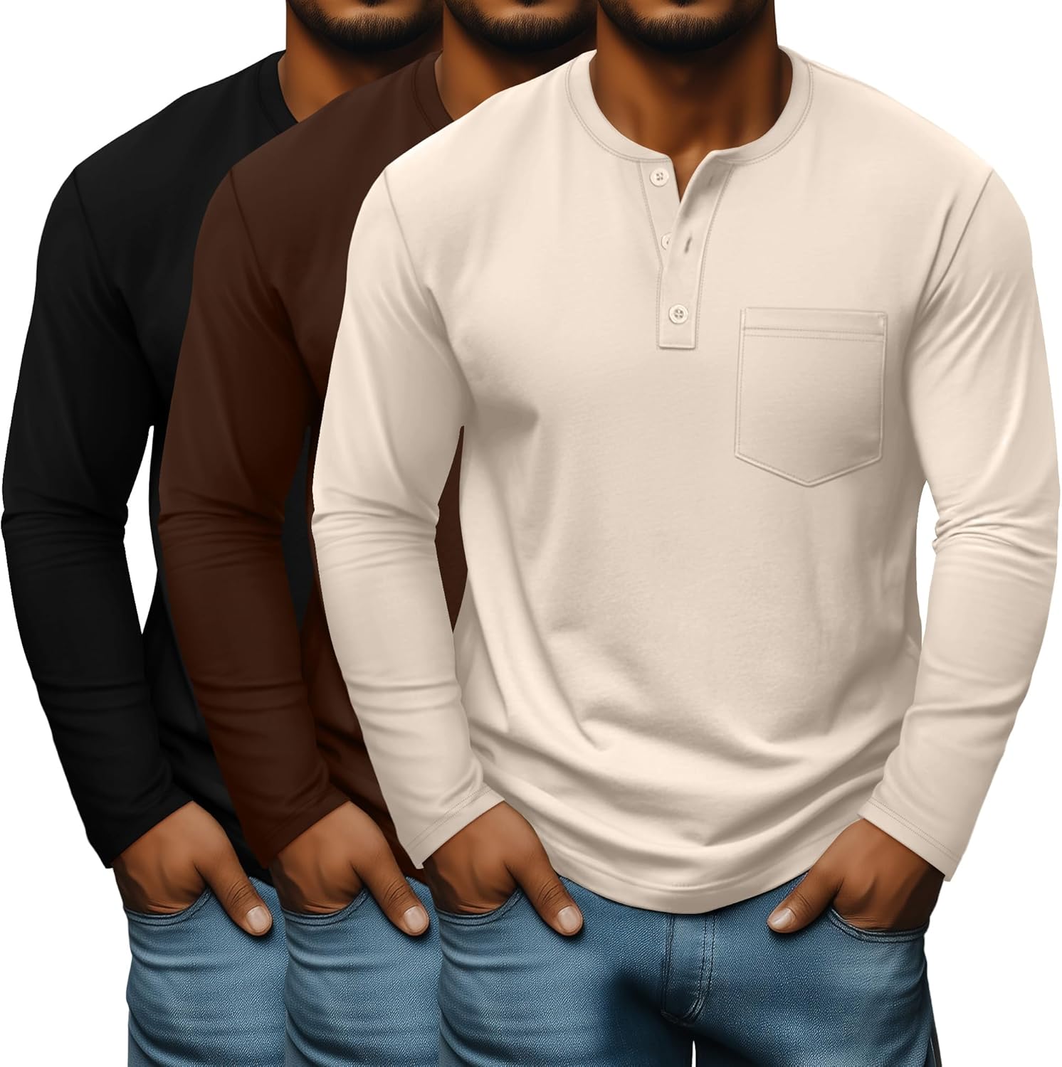 Neer 3 Pack Men's Big and Tall Henley T-Shirts L-5xl, Long Sleeve Pocket Oversized Tops Casual Soft Loose Basic Tees