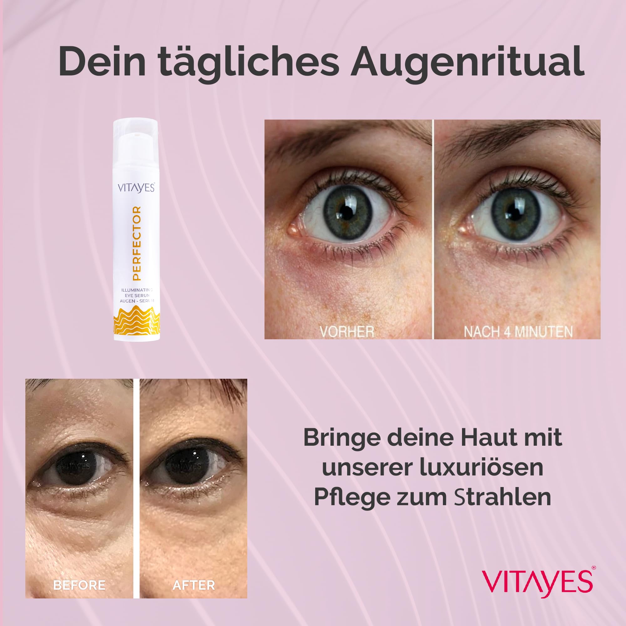 Vitayes Perfector Augenserum – Anti-Aging Serum gegen Augenringe, Tränensäcke & Falten – Straffendes Augenpflege-Gel mit Soforteffekt – Vegan, 15 ml