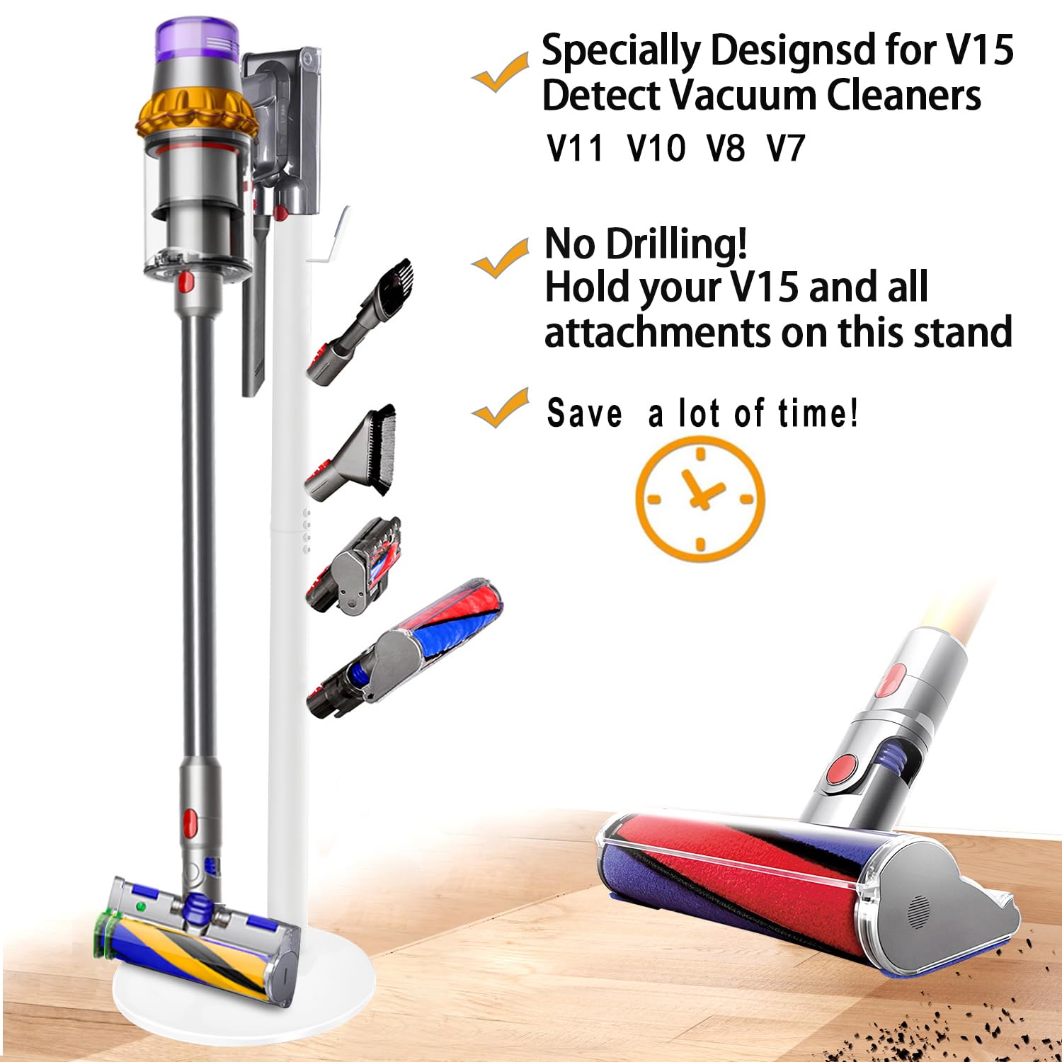 XIGOO Soporte para aspiradora independiente compatible con aspiradoras inalámbricas Dyson V15 Detect, V11 V10 V8 V7 V6, estación de acoplamiento de suelo, soporte organizador de metal con 5 ganchos,