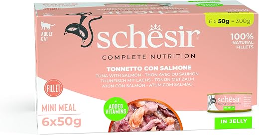 Schesir Tuna with Salmon Wet Food for Adult Cats, Real Fish Fillets in Jelly, High-Protein Natural Cat Food with Vitamins...