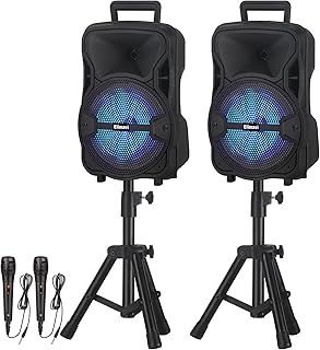 Portable PA System with Stands for Indoor and Outdoor, DJ Speaker with Dual 8", Wireless Party Speaker with Microphone TWS/AUX/USB