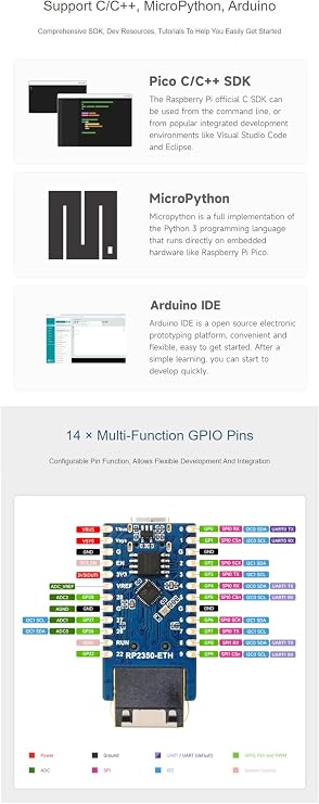 RP2350-ETH Mini Development Board, RP2350 Ethernet Port Module, Dual-core & Dual-Architecture Microcontroller, Compatible with Raspberry Pi Pico HAT, CH9120 TCP/IP, Onboard Flash Memory, GPIO Pins