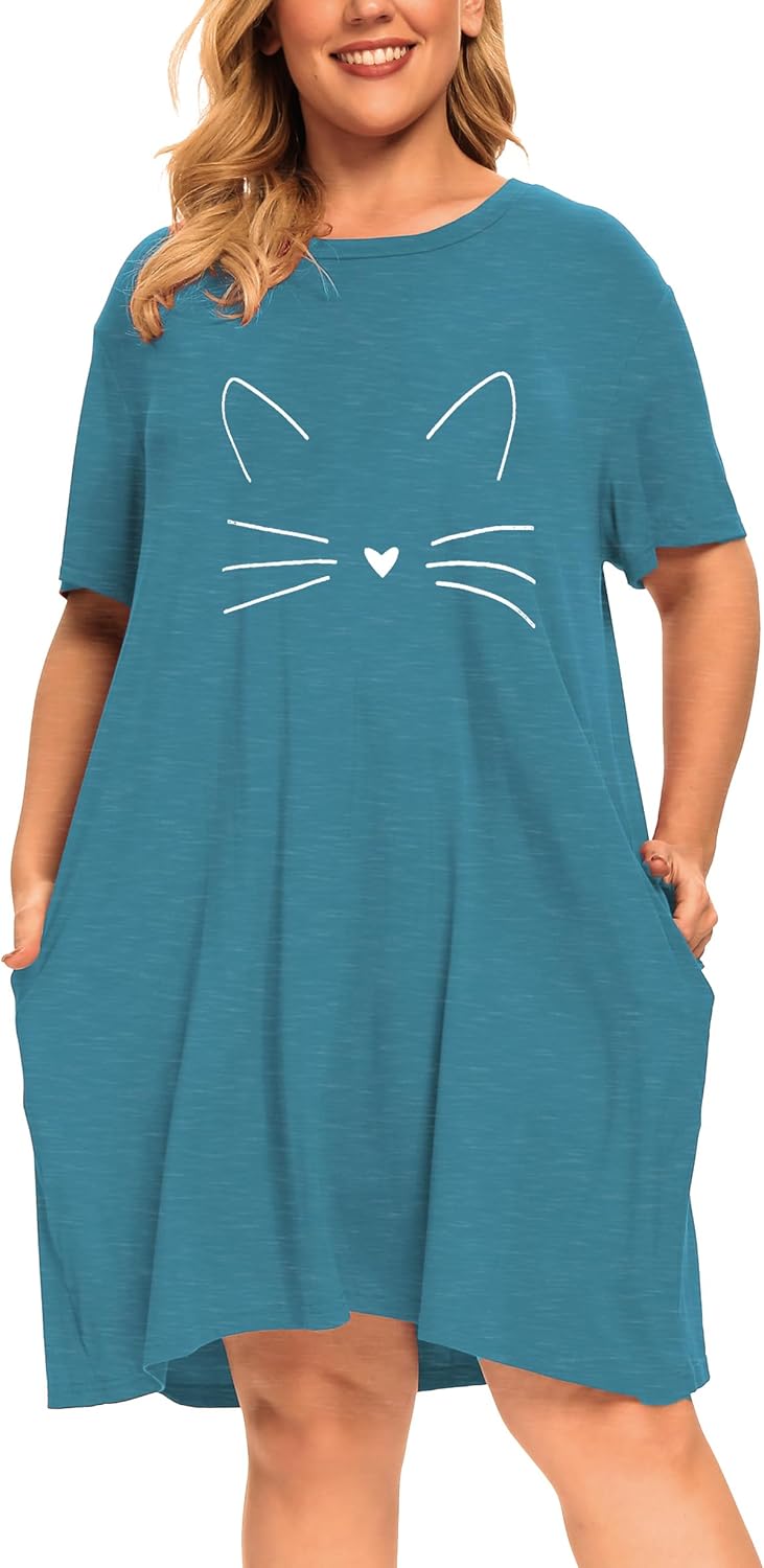 Plus Size Cat Graphic Nightgowns Women Cute Sleepwear Night Gown Dresses Sleep Shirts Pockets - Image 2