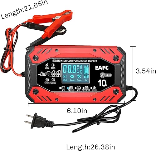 Miniatura 7 de Cargador de batería automotriz de 10 amperios, cargador inteligente totalmente automático, cargador y mantenedor de goteo para reparación de batería