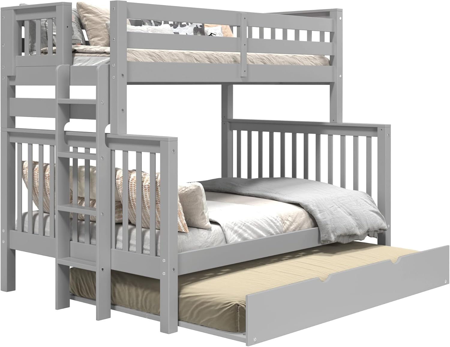 Bedz King Bunk Beds Twin Over Full Mission Style, End Ladder, Full Trundle, Gray