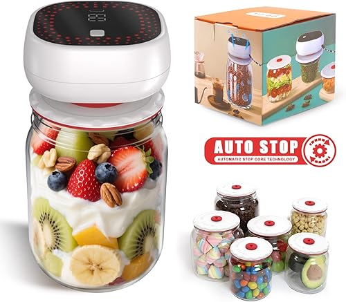 Kit de sellado al vacío eléctrico de tarros Mason – Parada automática con pantalla digital, succión ultra fuerte de 60 kPa para frascos de boca