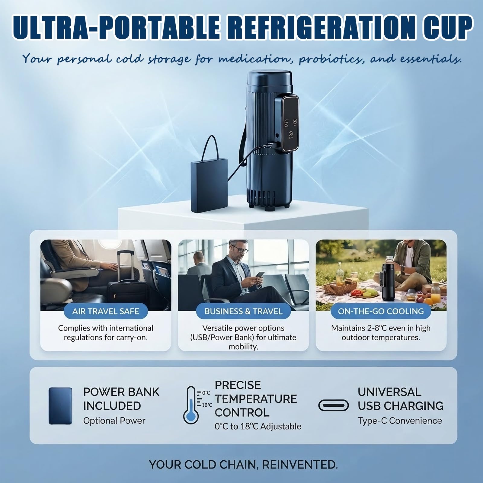 Mini frigorifero, custodia da viaggio portatile | Controllo di precisione 0-18℃, batteria a lunga durata, funzionamento silenzioso for insulina, peptidi