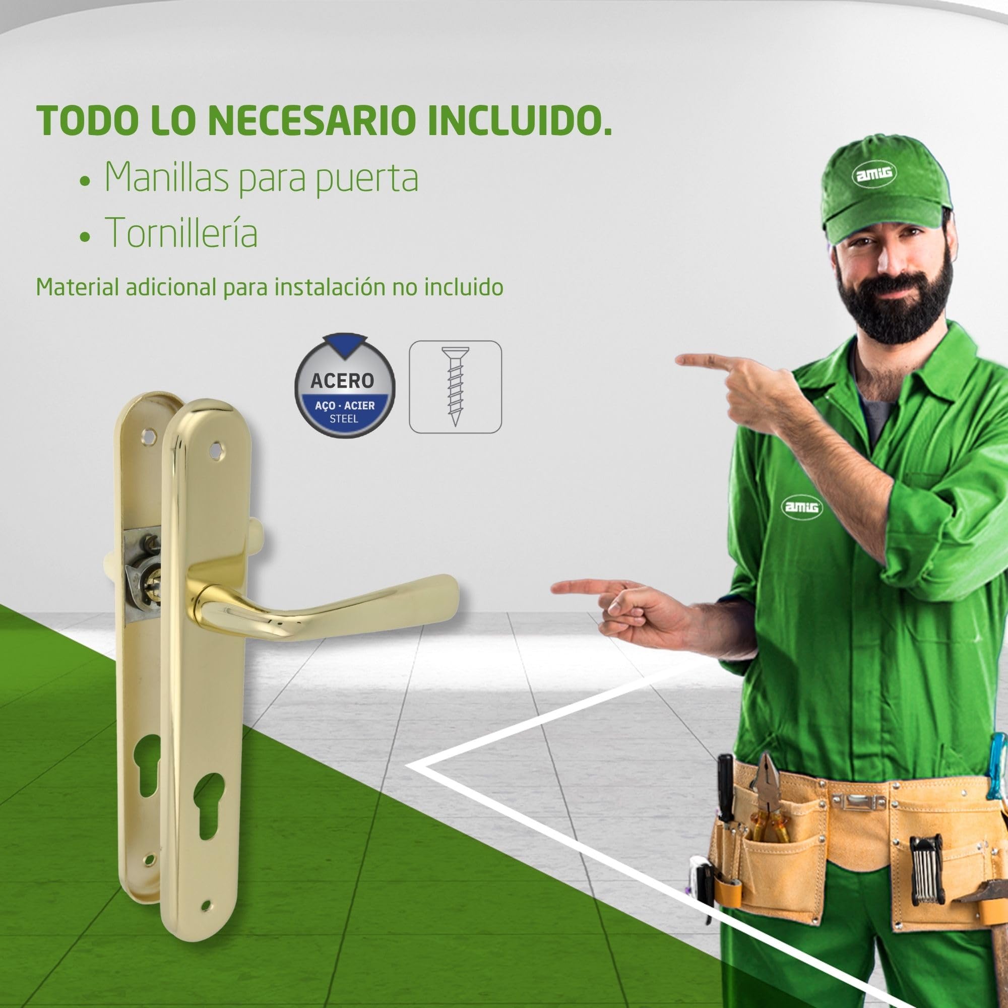 Amig - Juego de Manillas de Placa de Latón, Modelo 252PB85, Medida: 250 X 40 mm, Cuadradillo de 8 mm, Resistente a la Corrosión, Incluye tornillería, Acabado: Latonado Barnizado