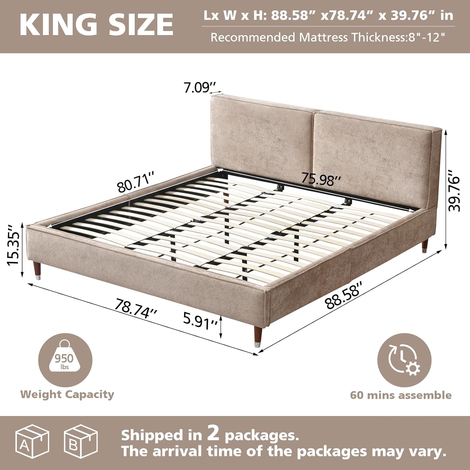 VELOCAVA Luxury King Size Upholstered Platform Bed Frame with 7" Thick Padded Headboard, Plush Velvet-Like Fabric, 45 Wooden Slats Support, Wood-Look Legs, No Box Spring Needed, Beige