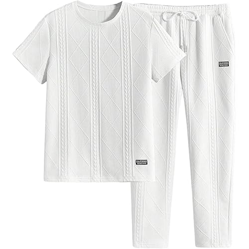 GORGLITTER Men's 2 Piece Tracksuit Letter Patched Short Sleeve T Shirt Drawstring Waist Pants Set