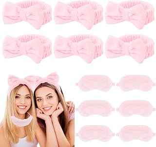 Casoty 12 Pcs Spa Headbands with Plush Sleep Eye Masks Set, Slumber Party Supplies for Girls, Makeup Headband, Skincare Headbands for Face Washing Shower Yoga Spa Pajama Party