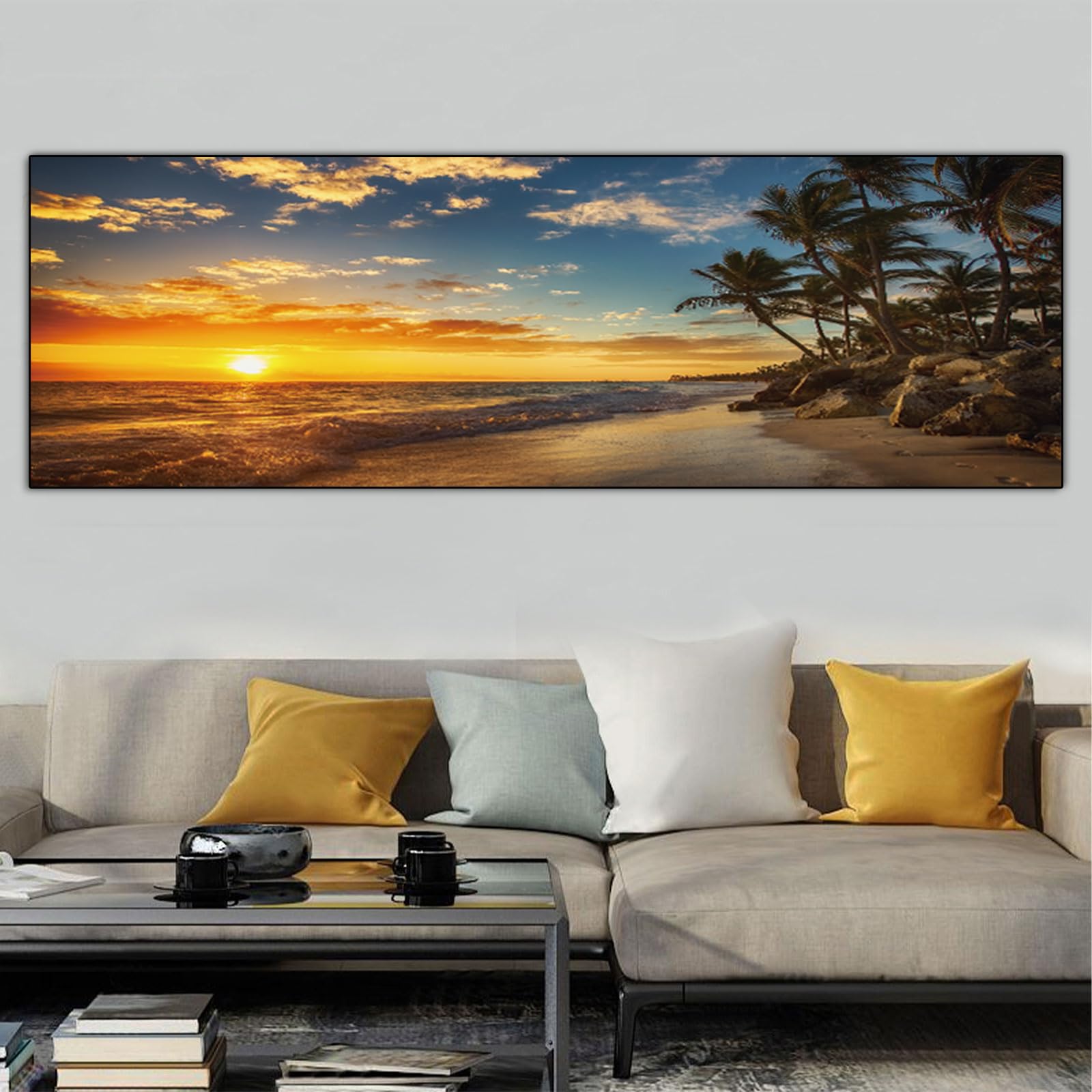 Leinwandbilder Berge Landschaft Natur,Moderne Panorama Bilder Groß XXL Schlafzimmer Wohnzimmer Wanddekoration Wandbild-Sonnenuntergang Meer Strand,Rahmenlos (D, 70x210cm, Ungerahmt)