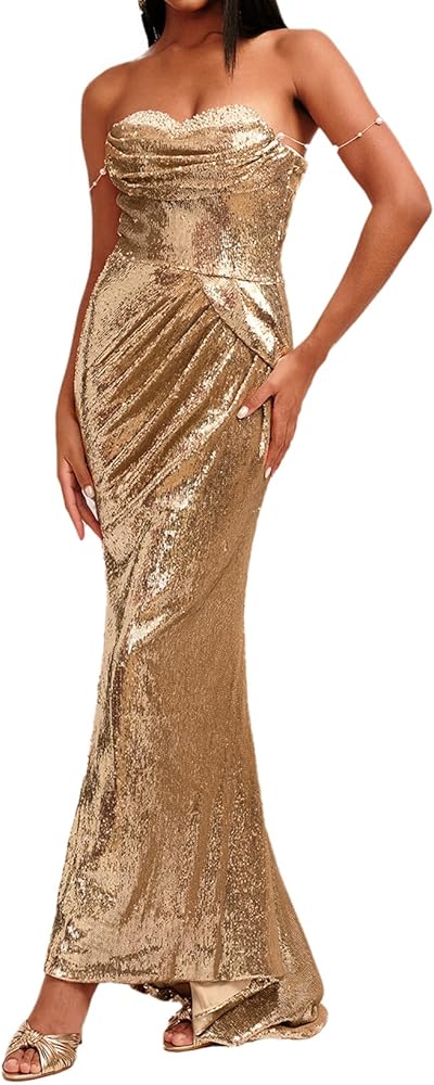 Amazon.com: BELLA BARNETT Golden Strapless Dress Stunning Sequin Dress  Trendy Bodycon Dress Sleeveless Party Dress Maxi Birthday Dress Modern Metallic  Dress : Clothing, Shoes & Jewelry