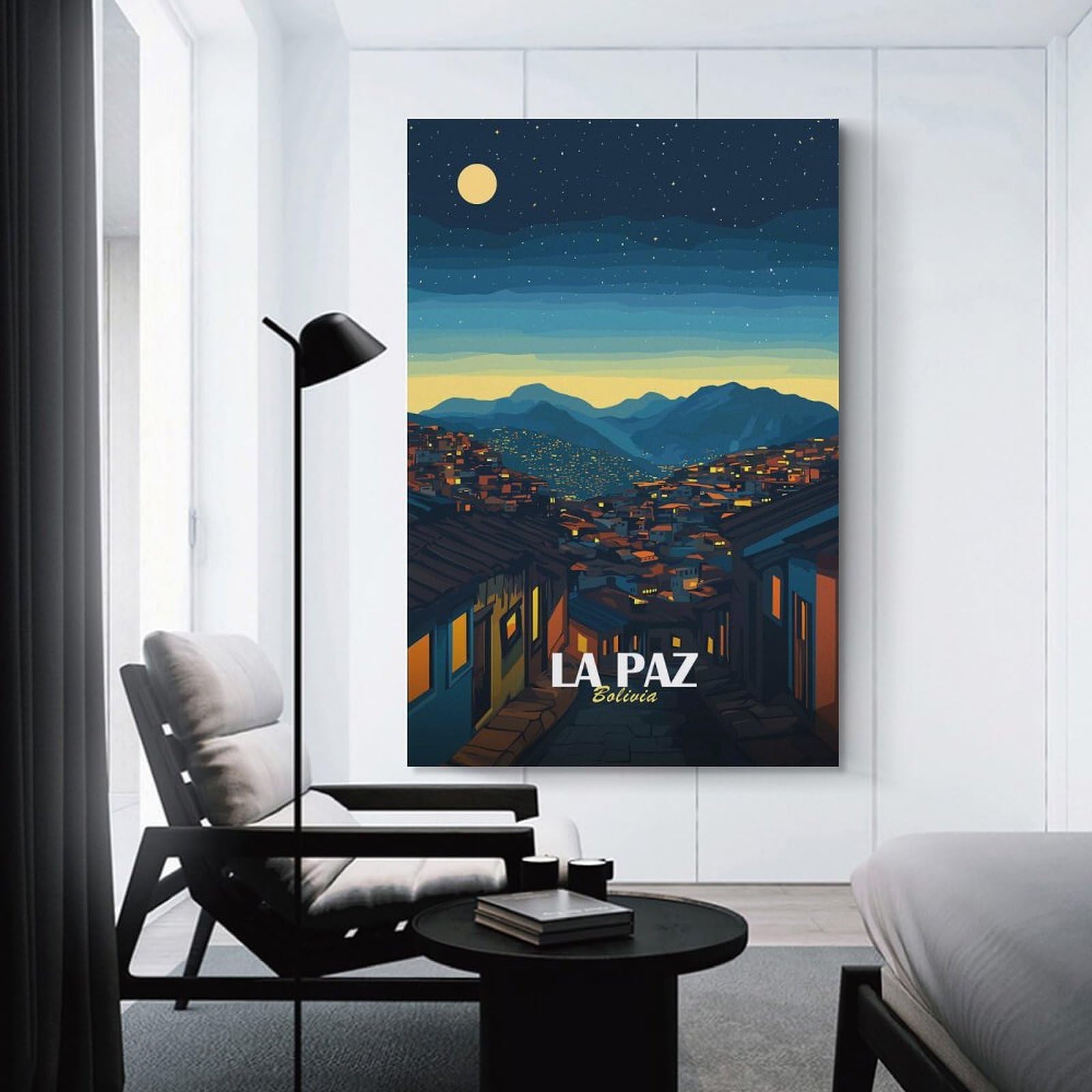 Junmoney Wall Picture Print La Paz, Bolivia Nightscape Illustration, 24x36inch(60x90cm), for Living Room, Lounge Or Sitting Room, Modern Wall Decor for Cosy Interiors