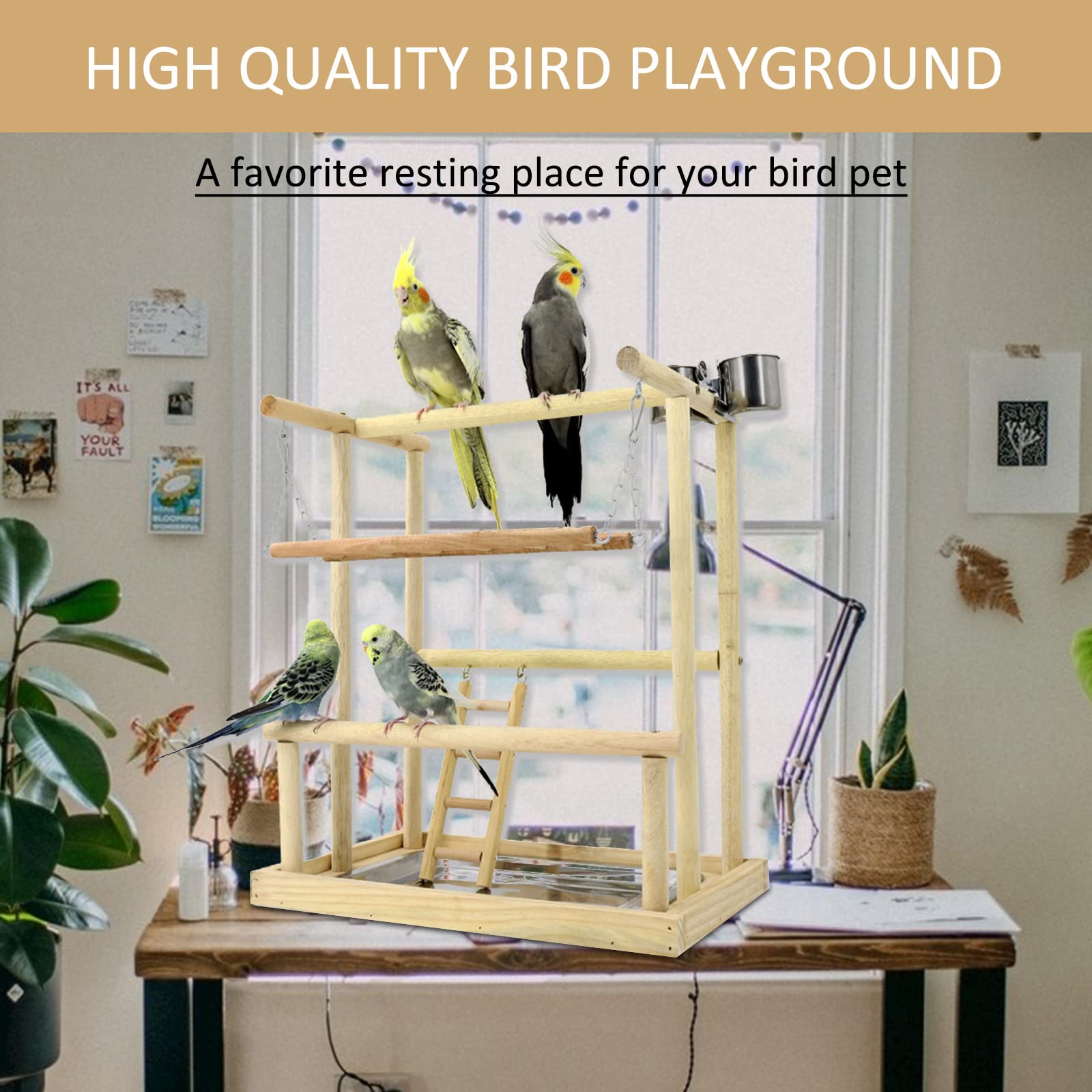 Roseflower Perchoir en Bois pour perroquets,Terrain de Jeu pour Perroquet Échelles, Plateau et mangeoires - Accessoire de Cage pour cacatoès - Aire de Jeu pour Oiseaux,D:45.5 * 40 * 26CM