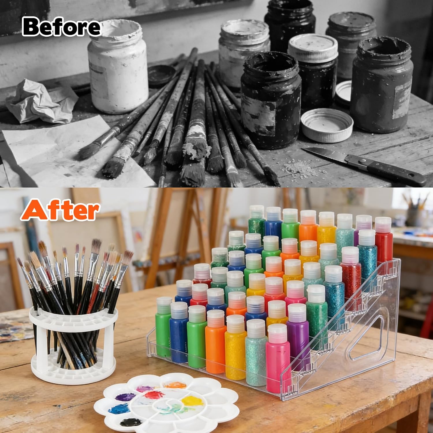 2 Set Clear Acrylic Paint Organizer Rack with 2 Brush Holders & 2 Mixing Palettes, 7-Layer Miniature Paint Organizer, Snap-On Craft Paints Storage Rack for Acrylic & Oil Paints