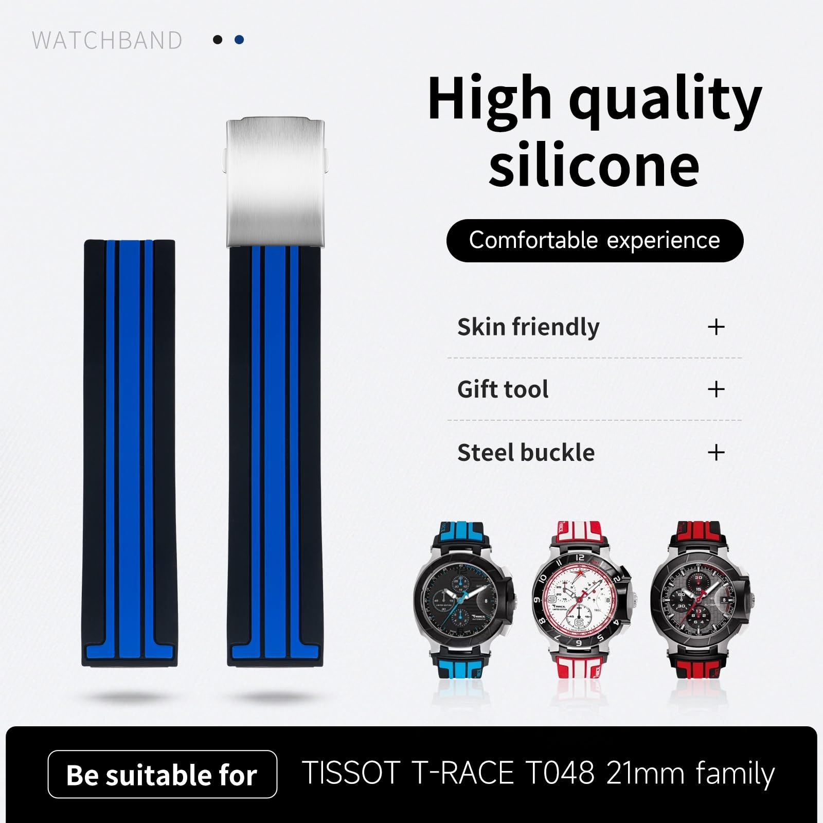 XMKT Correas de reloj de 21mm para Tissot T048.417, correa de reloj t-race t-sports, pulsera de goma suave resistente al agua, correa de silicona de 20mm
