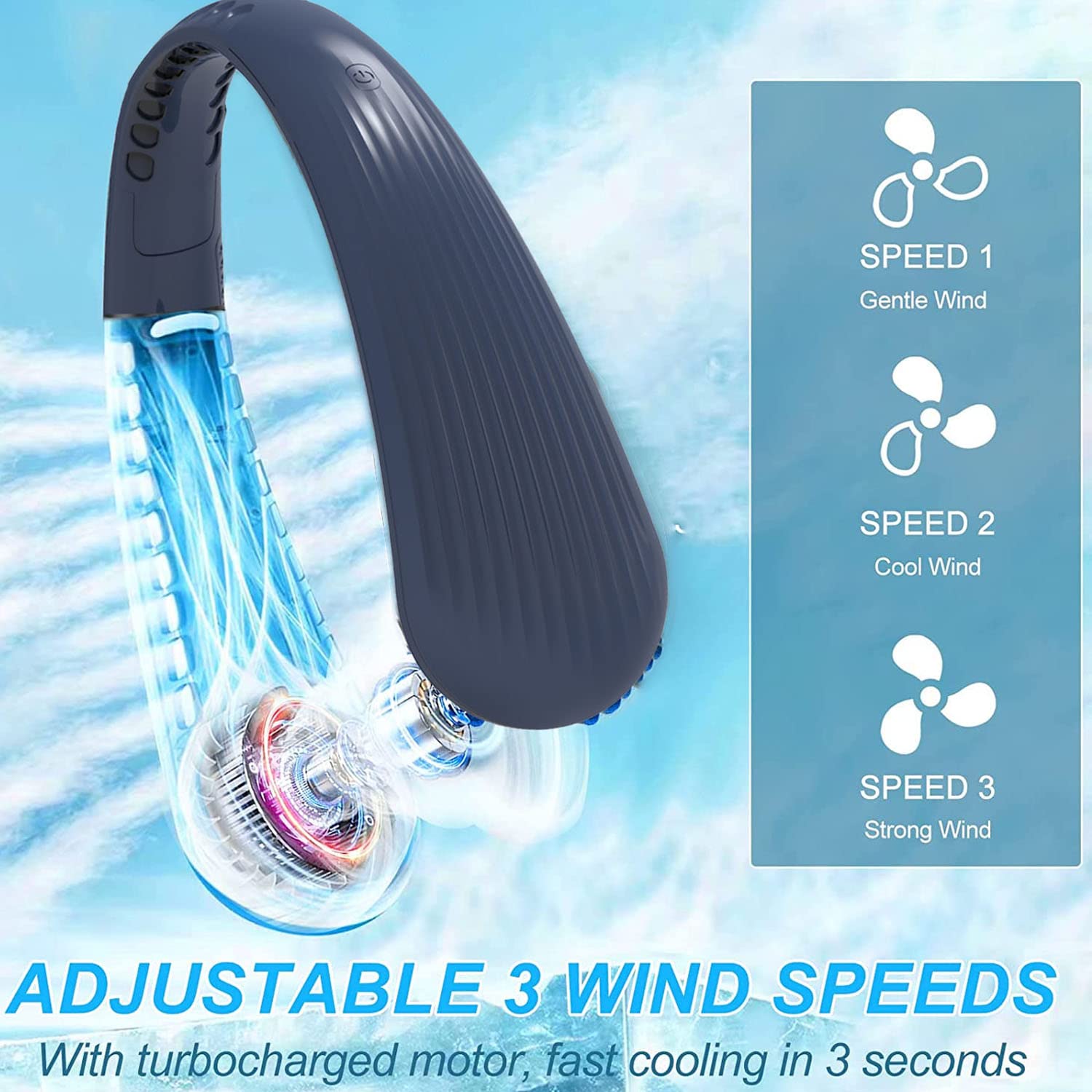 Ventilateur cou Portable,USB Ventilateur 4000mAh Rechargeable sans lame Silencieux personne Collier Ventilateur Nuque Refroidisseur 3 Vitesses, pour Bureau (Blanc)