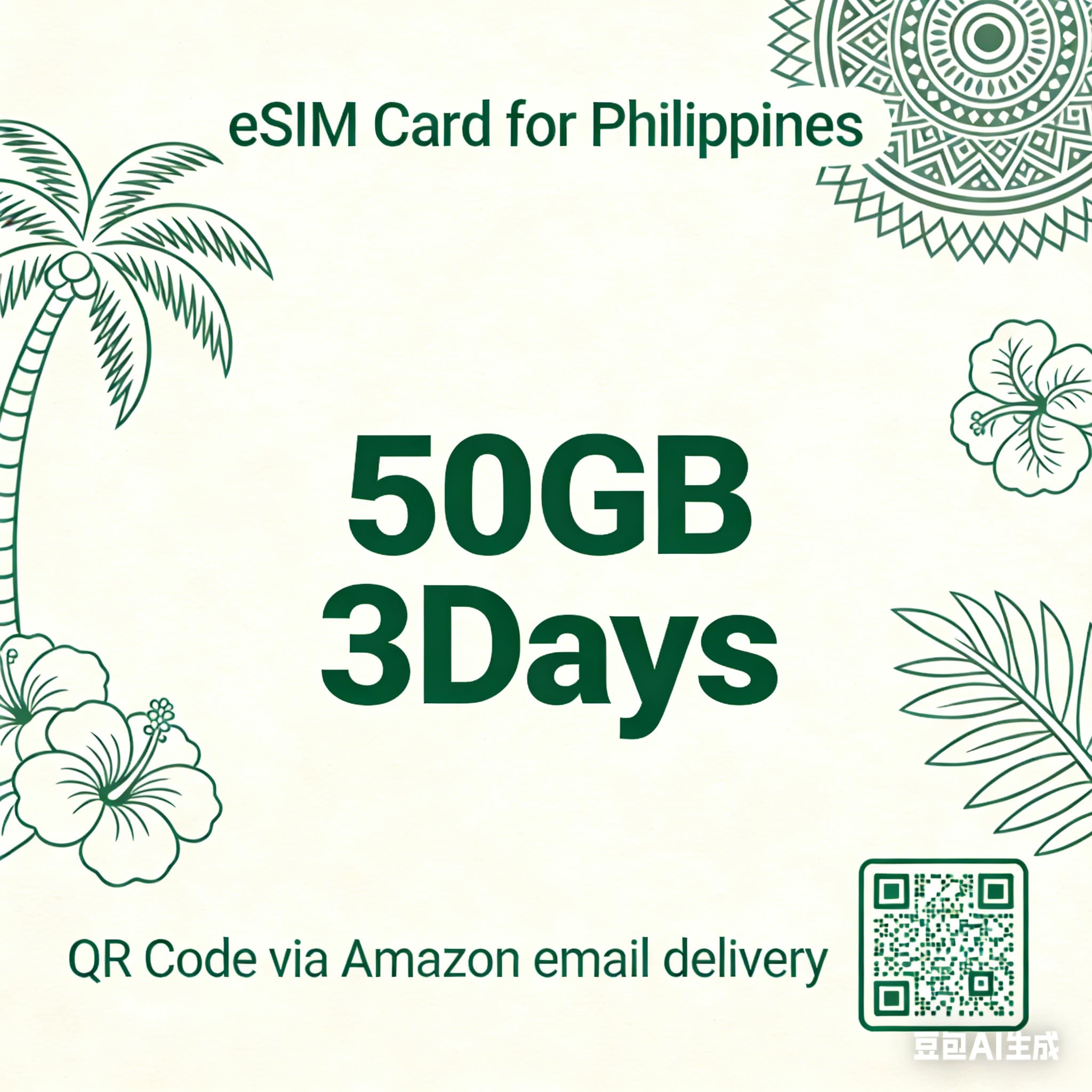 esim Philippines - Tarjeta prepaga de 50 GB, 3 días, paquete de datos 4G/5G, eSIM de viaje prepago para países de Filipinas, entrega instantánea, no requiere SIM física, compatible con iOS y Android