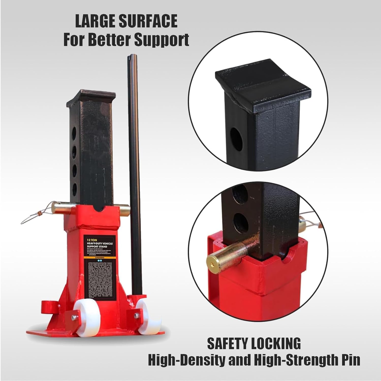 Big RED Torin 12 Ton Heavy Duty Jack Stands: Pin Style Jack Stand with 2 Casters and Handle, Easily Portable Car Stand for Cars, SUVs, Truck and Pick Ups - Red caster 12 ton