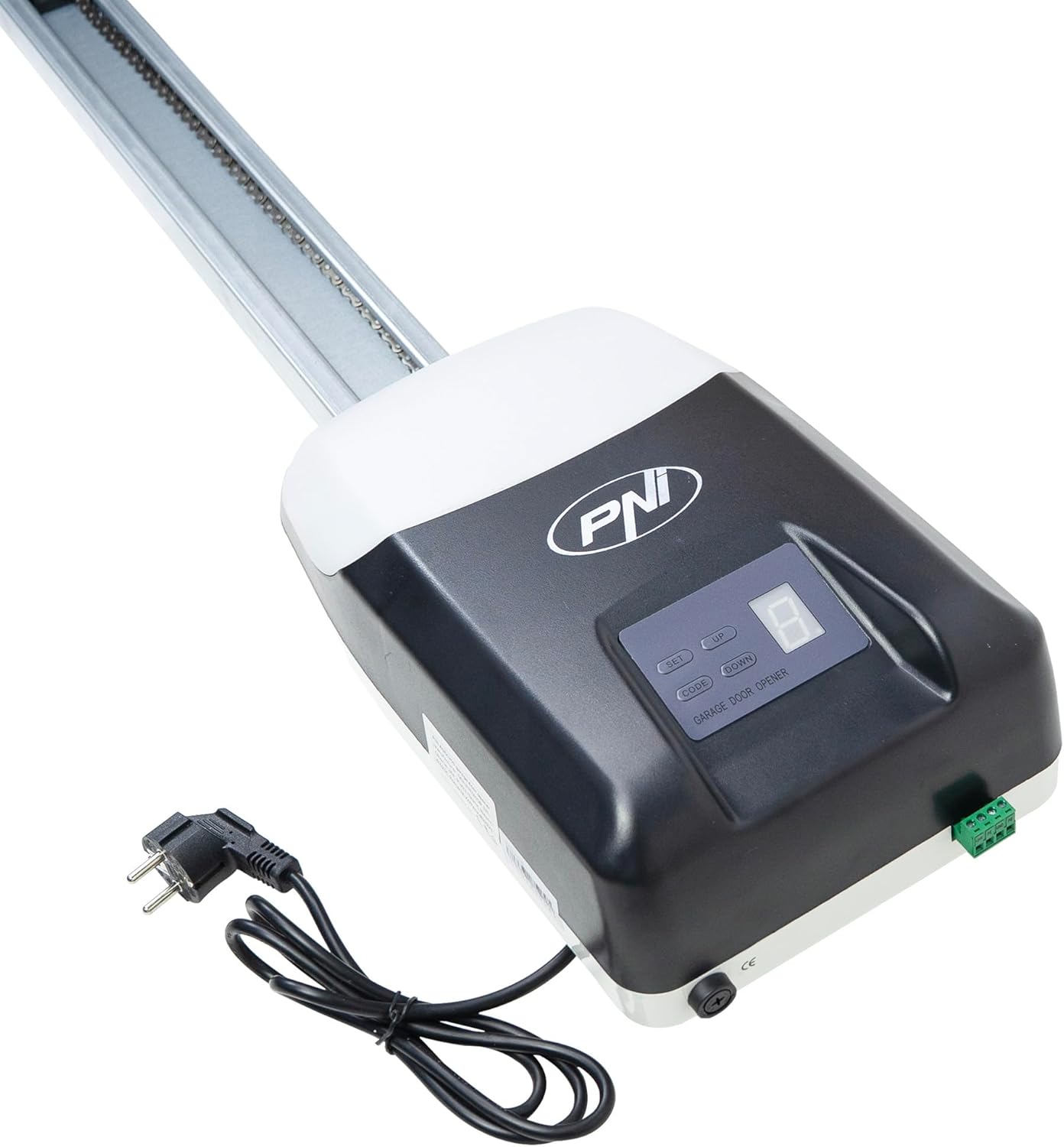 Aldea view of the PNI AGD1200 garage door opener motor unit connected to its rail and power cable