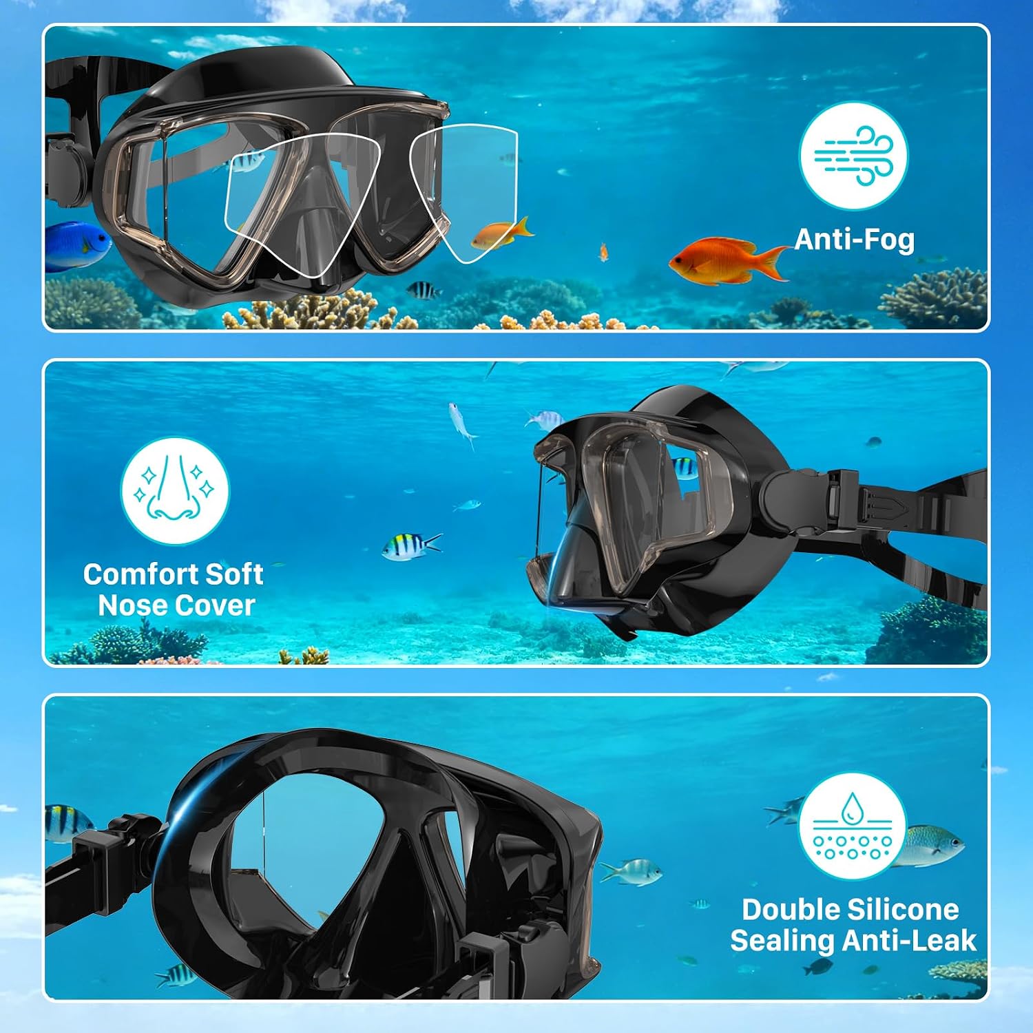 Snorkeling Gear for Adults, Adult Snorkel Set Scuba Diving Mask with HD Panoramic & Dry-Top Snorkel, Anti-Fog & Anti-Leak Swim Goggles with Nose Cover, Swimming Travel Kit